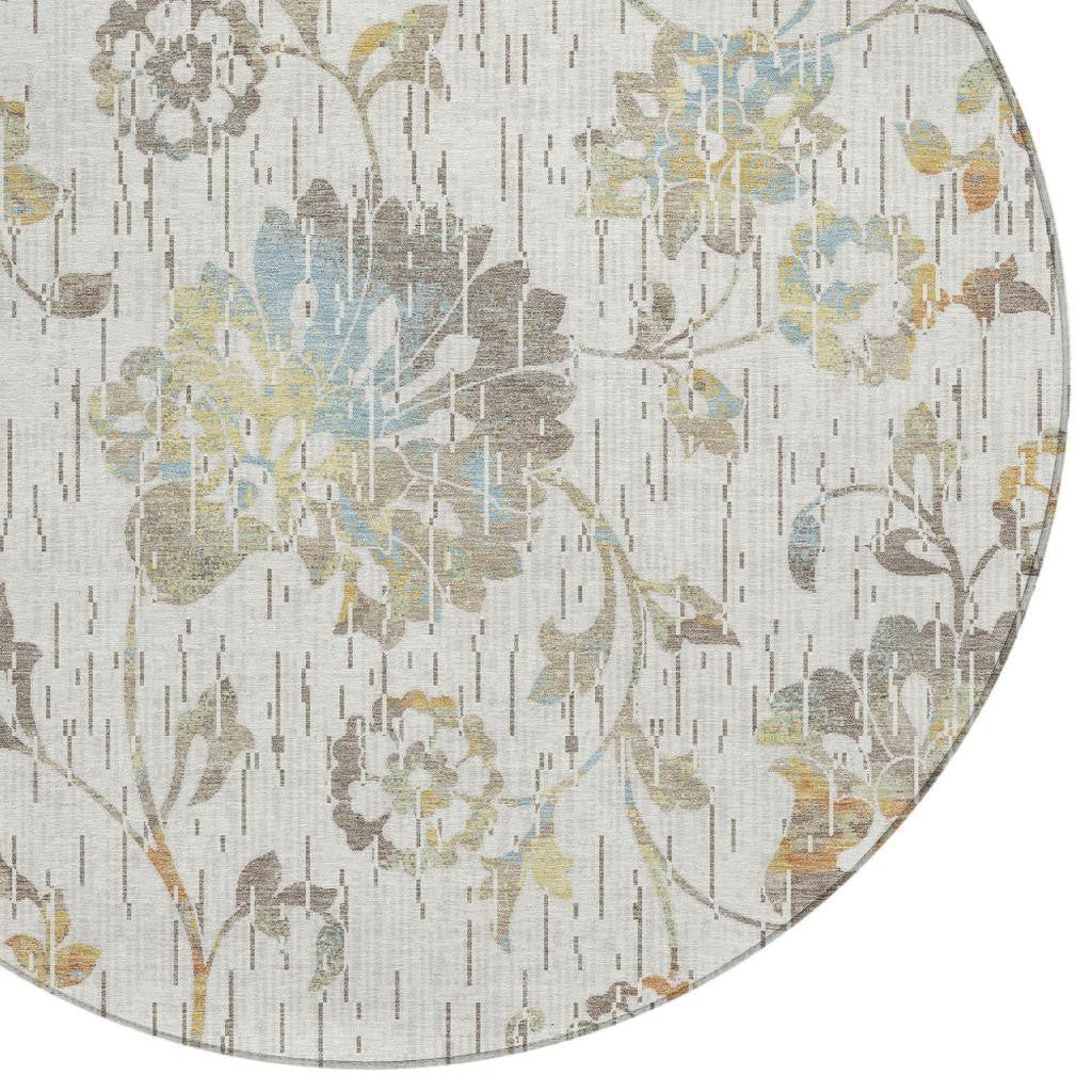 8' Ivory And Linen Round Floral Washable Indoor Outdoor Area Rug Homeroots Outdoor