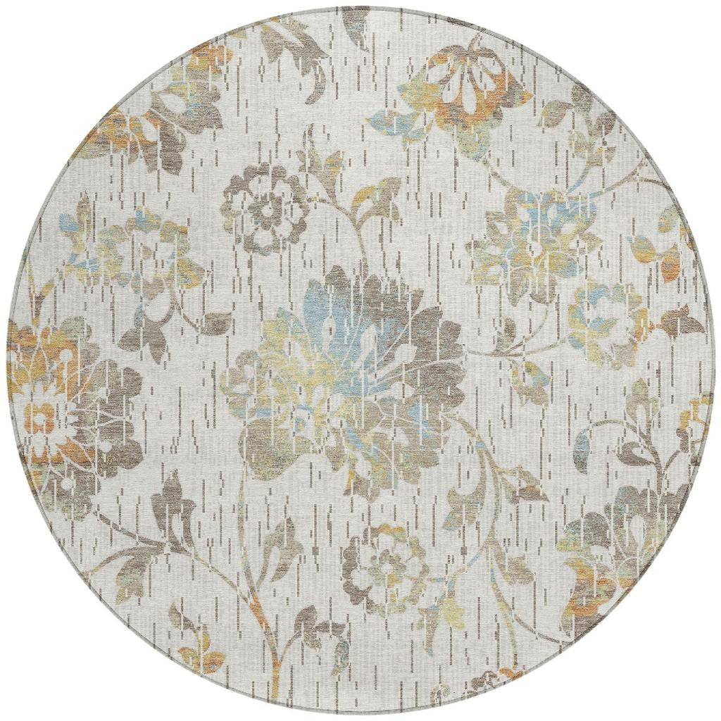 8' Ivory And Linen Round Floral Washable Indoor Outdoor Area Rug Homeroots Outdoor