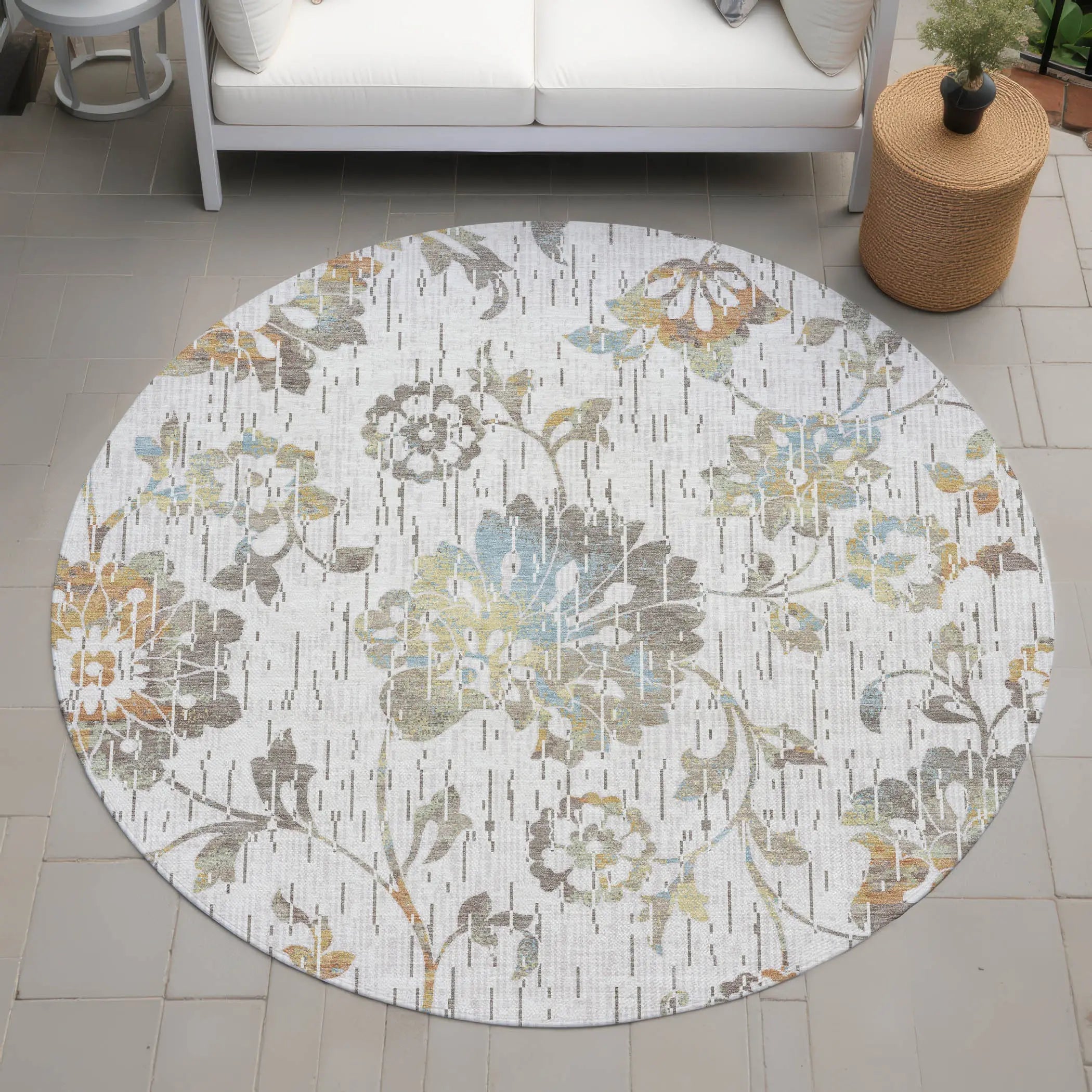 8' Ivory And Linen Round Floral Washable Indoor Outdoor Area Rug Homeroots Outdoor