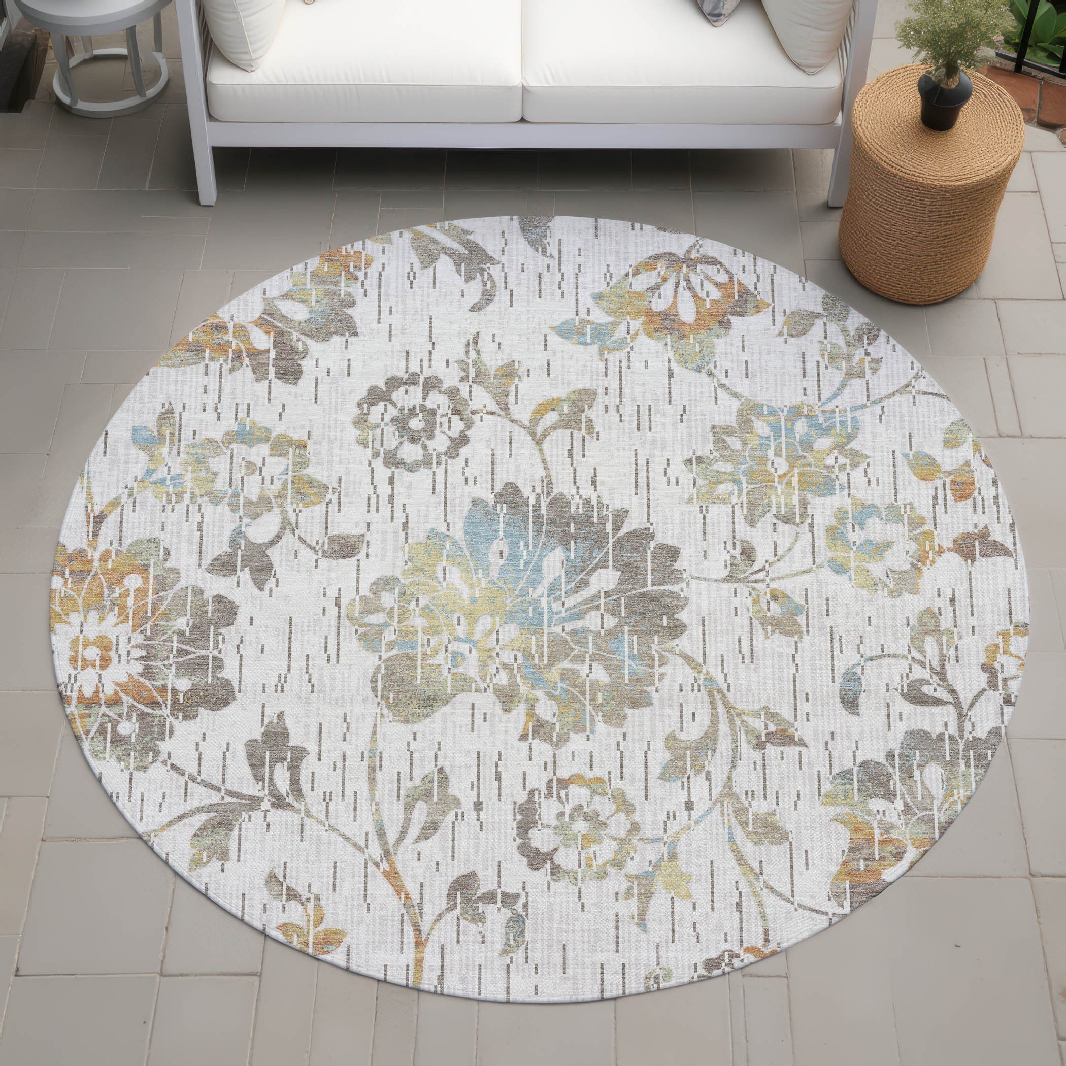 8' Ivory And Linen Round Floral Washable Indoor Outdoor Area Rug Homeroots Outdoor