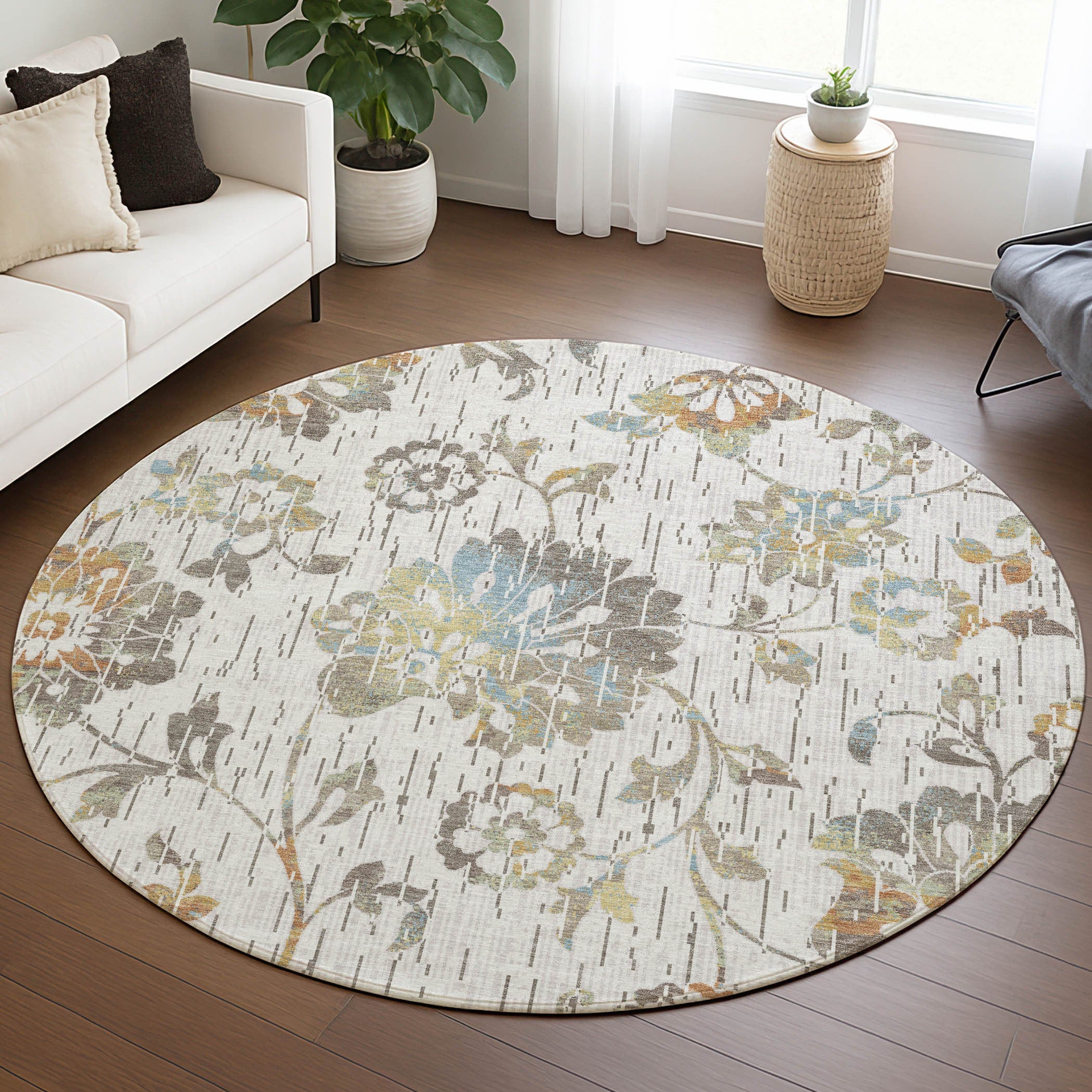 8' Ivory And Linen Round Floral Washable Indoor Outdoor Area Rug Homeroots Outdoor