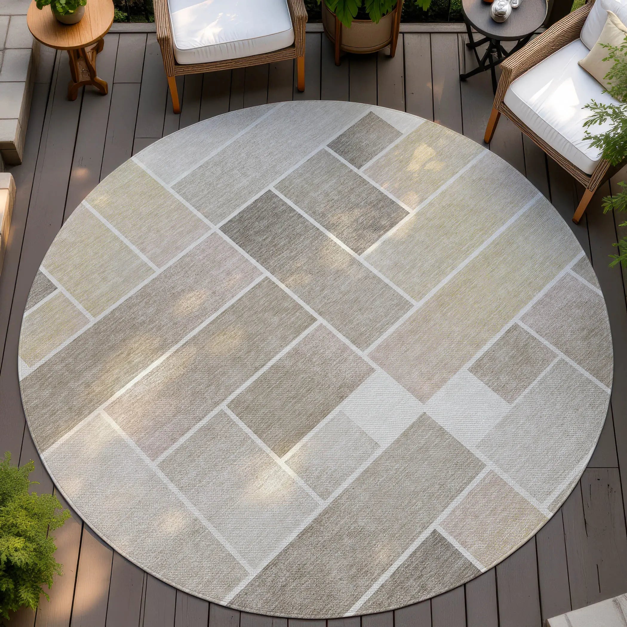 8' Ivory And Linen Round Geometric Washable Indoor Outdoor Area Rug Homeroots Outdoor