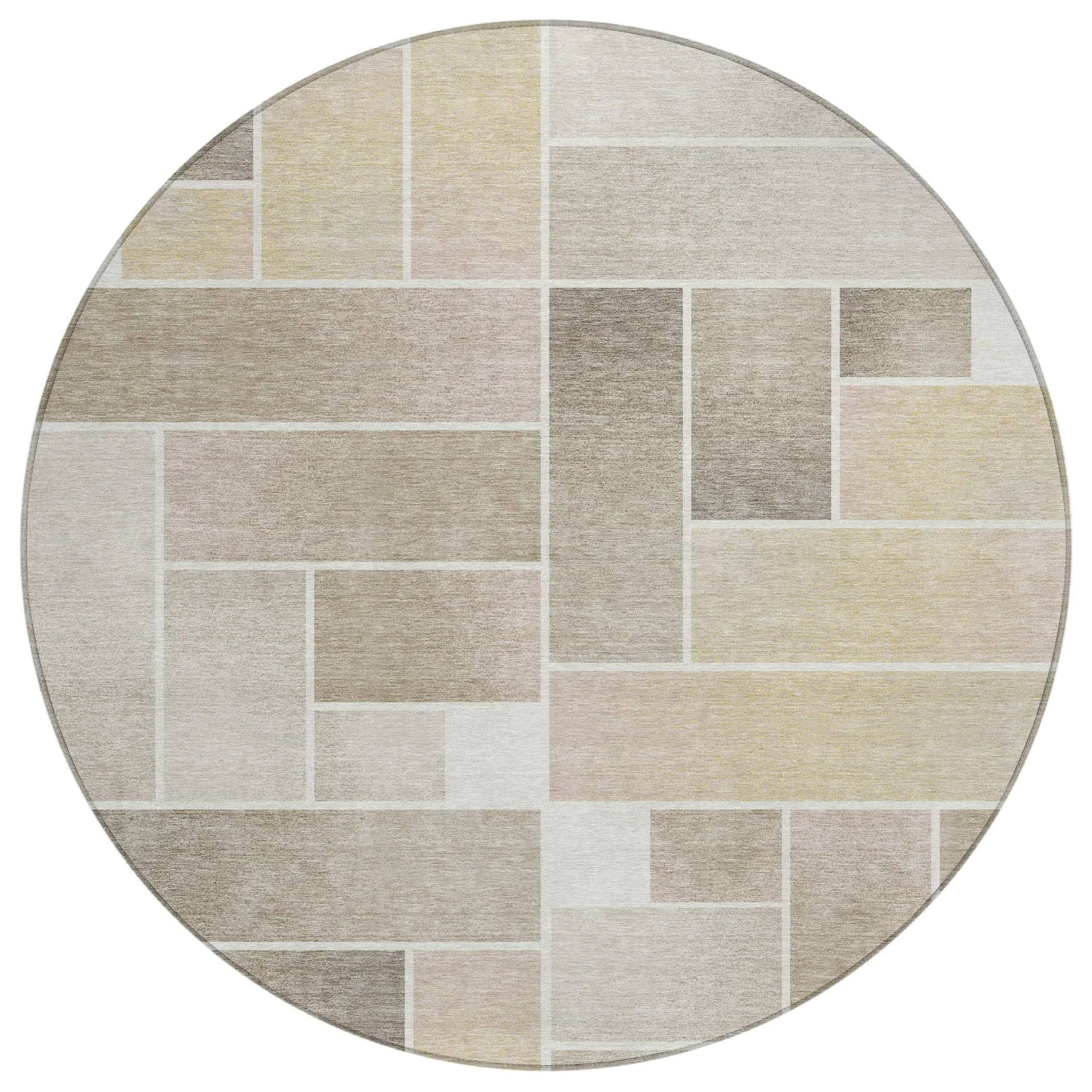 8' Ivory And Linen Round Geometric Washable Indoor Outdoor Area Rug Homeroots Outdoor