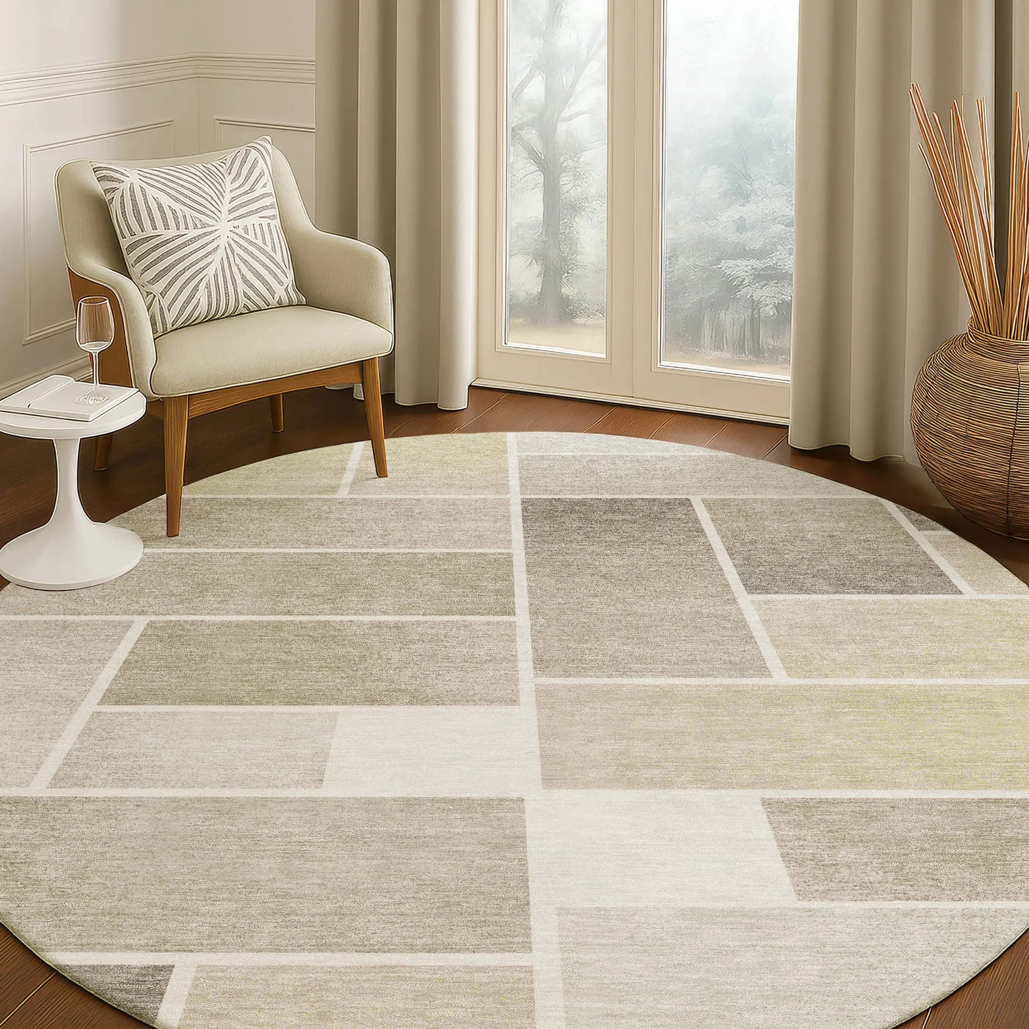 8' Ivory And Linen Round Geometric Washable Indoor Outdoor Area Rug Homeroots Outdoor