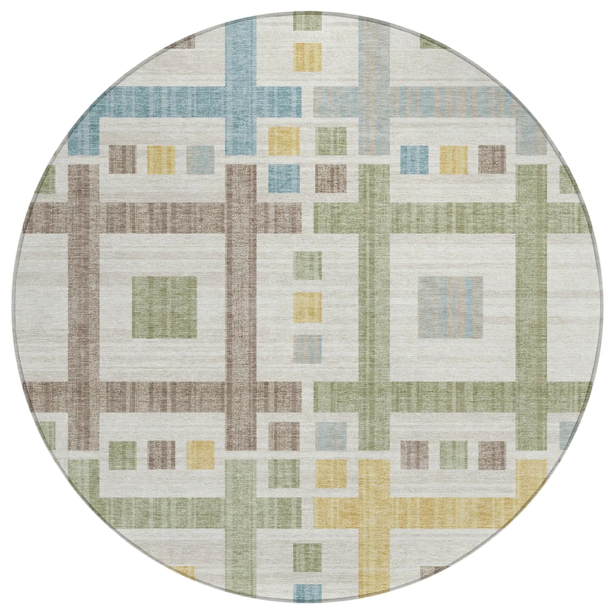 8' Ivory And Linen Round Geometric Washable Indoor Outdoor Area Rug Homeroots Outdoor