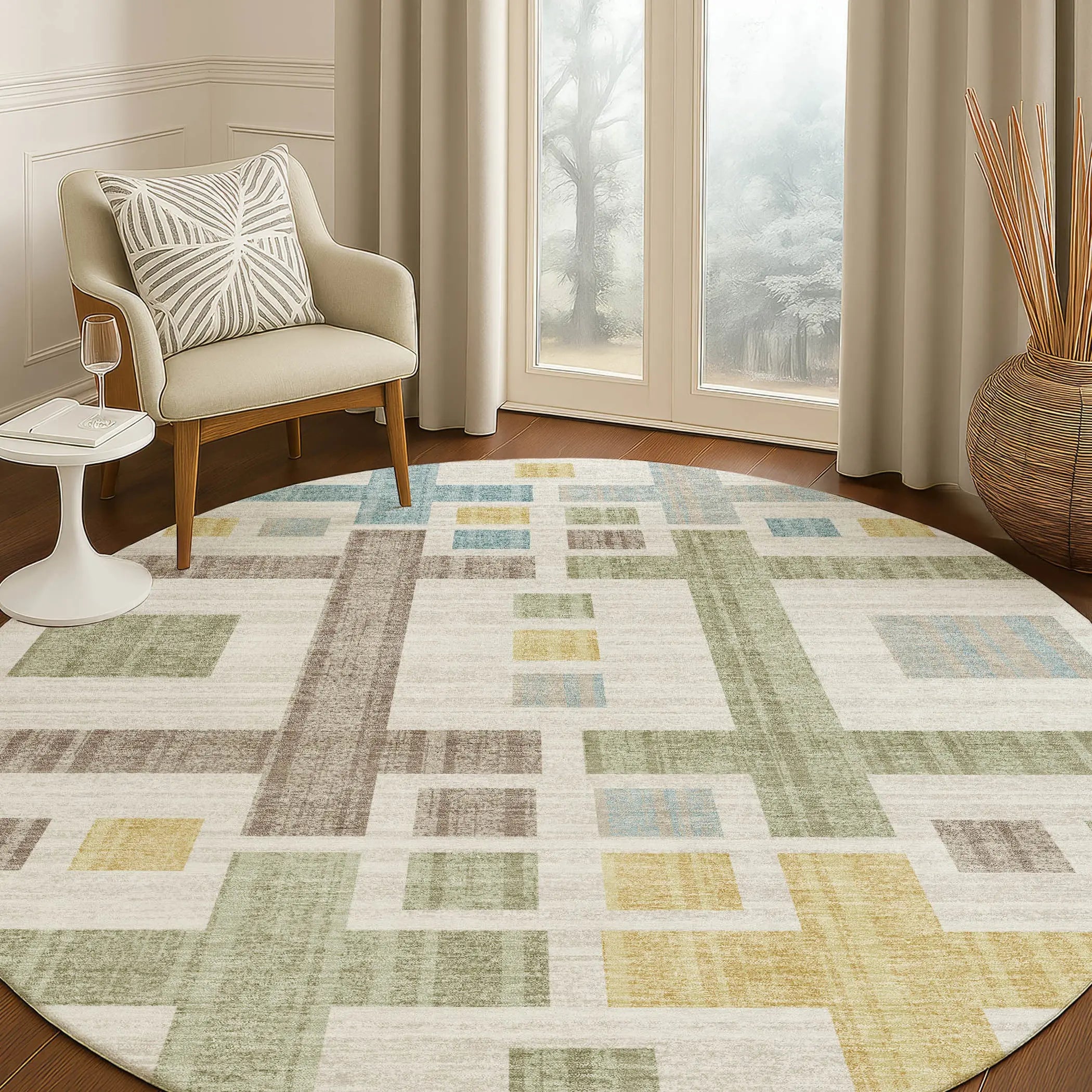 8' Ivory And Linen Round Geometric Washable Indoor Outdoor Area Rug Homeroots Outdoor