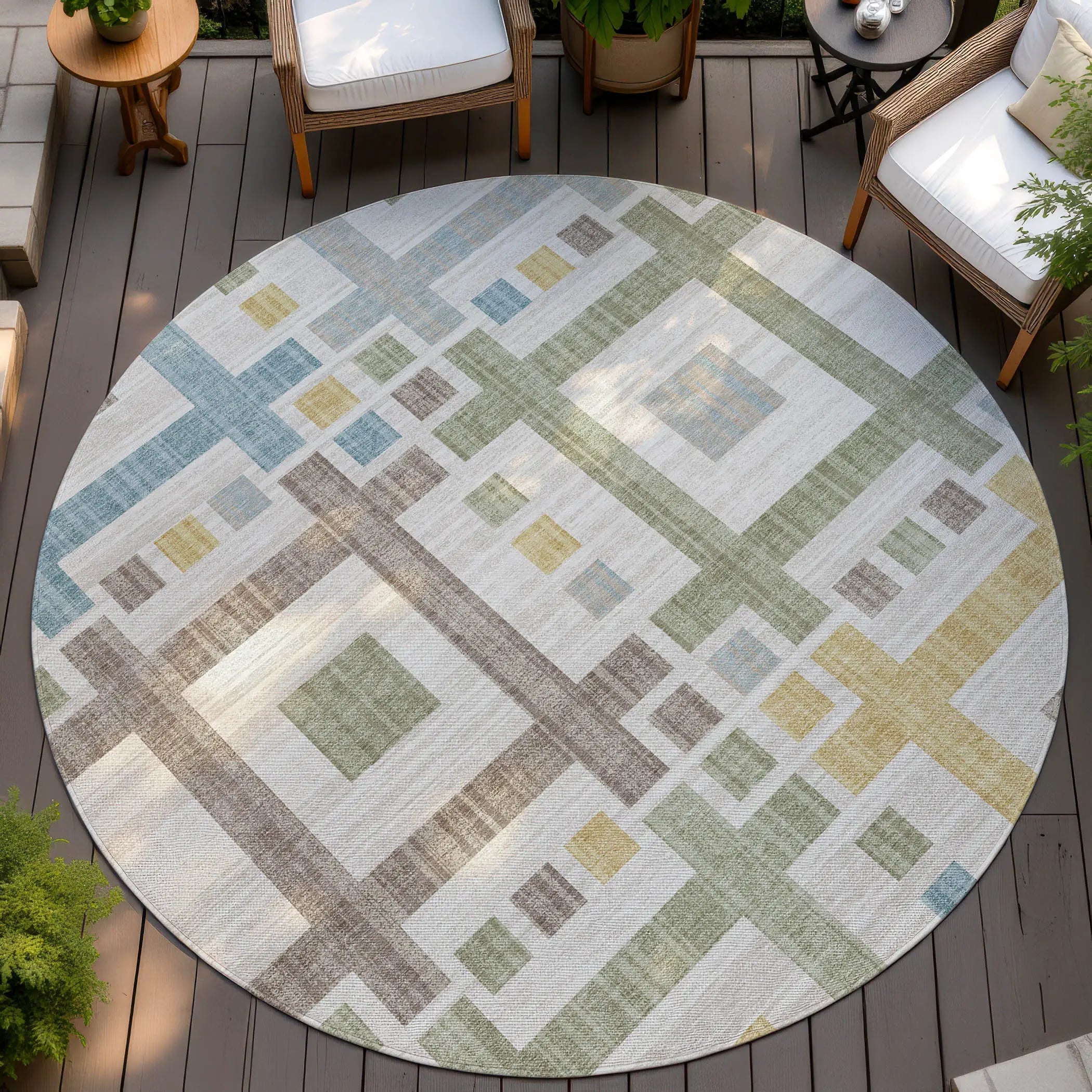 8' Ivory And Linen Round Geometric Washable Indoor Outdoor Area Rug Homeroots Outdoor