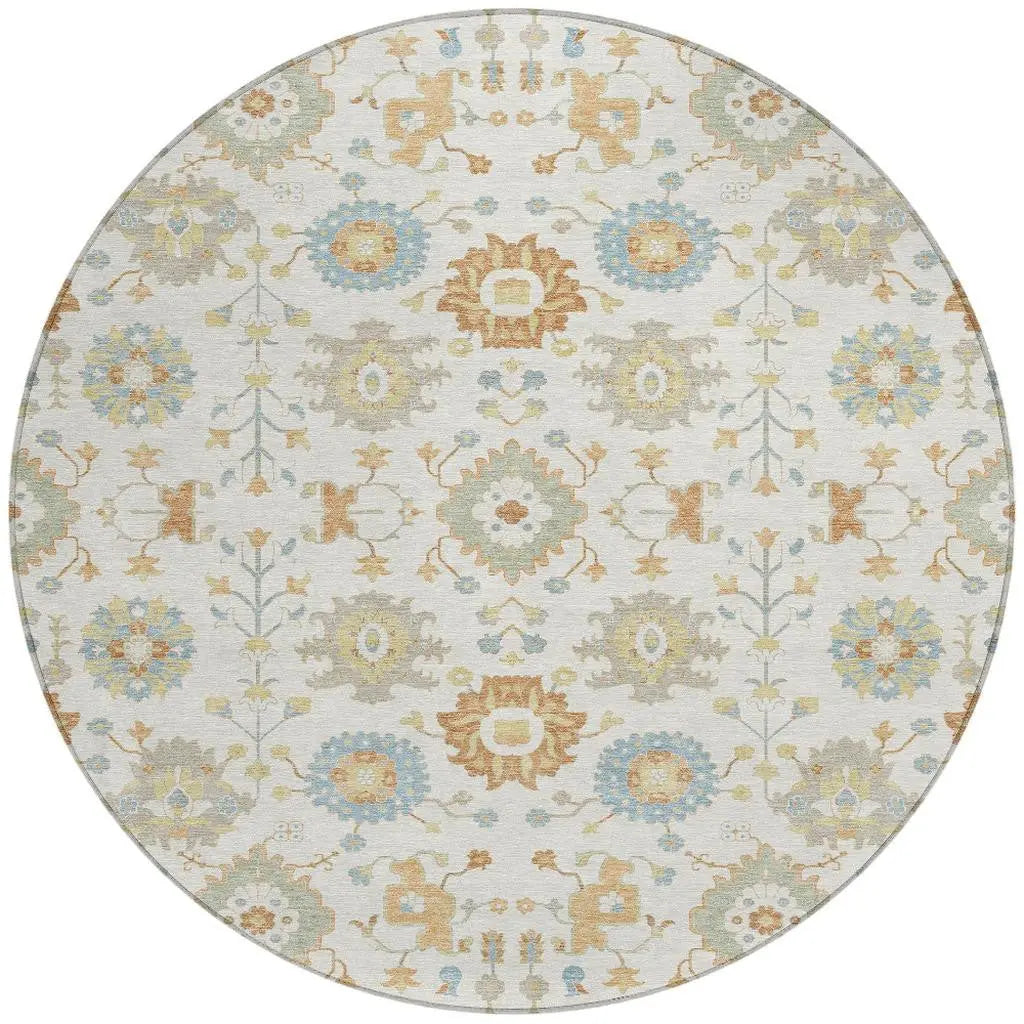 8' Ivory And Linen Round Geometric Washable Indoor Outdoor Area Rug Homeroots Outdoor