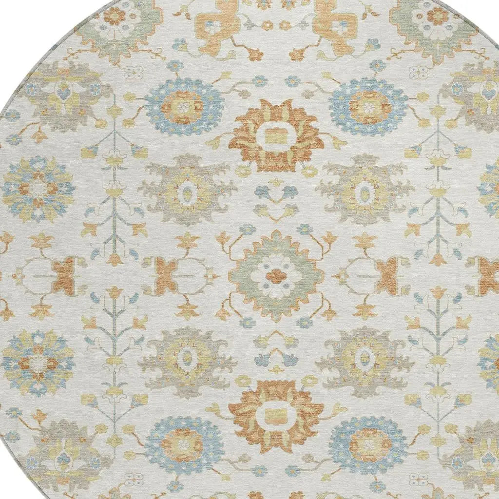 8' Ivory And Linen Round Geometric Washable Indoor Outdoor Area Rug Homeroots Outdoor