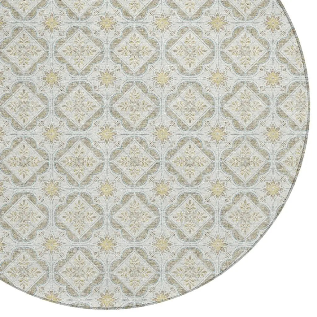8' Ivory And Linen Round Geometric Washable Indoor Outdoor Area Rug Homeroots Outdoor