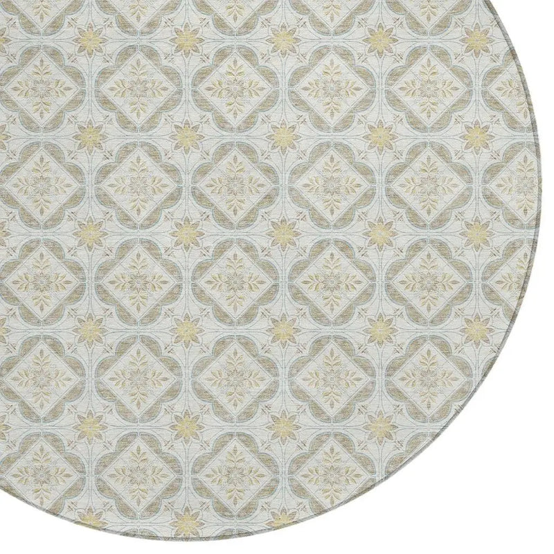 8' Ivory And Linen Round Geometric Washable Indoor Outdoor Area Rug Homeroots Outdoor