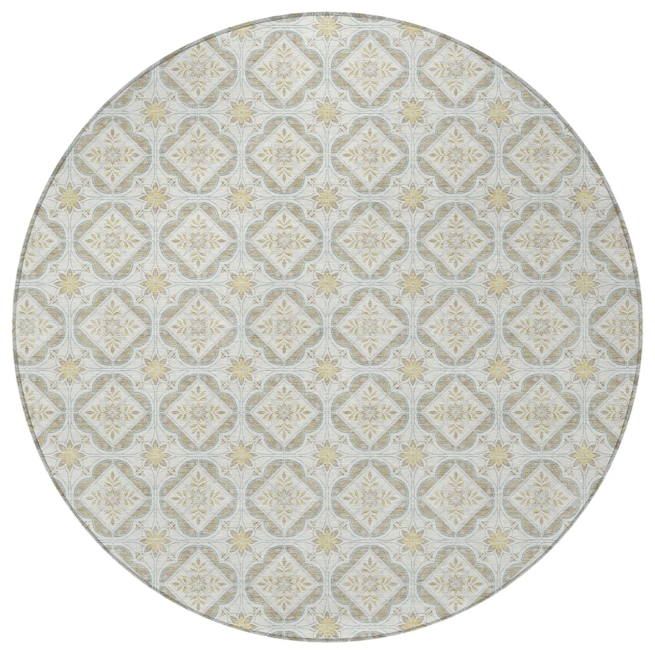 8' Ivory And Linen Round Geometric Washable Indoor Outdoor Area Rug Homeroots Outdoor