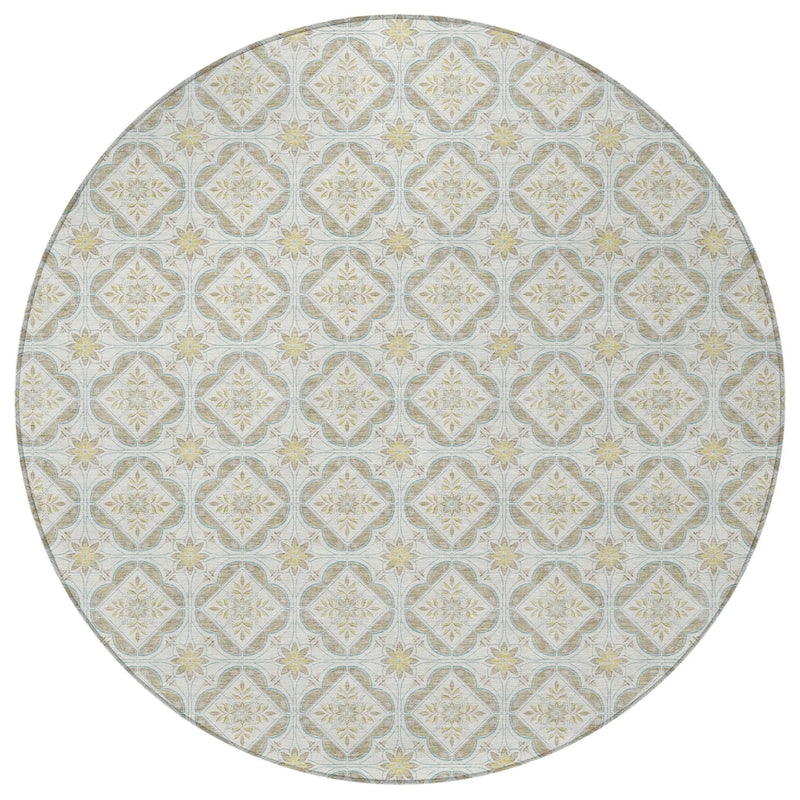 8' Ivory And Linen Round Geometric Washable Indoor Outdoor Area Rug Homeroots Outdoor
