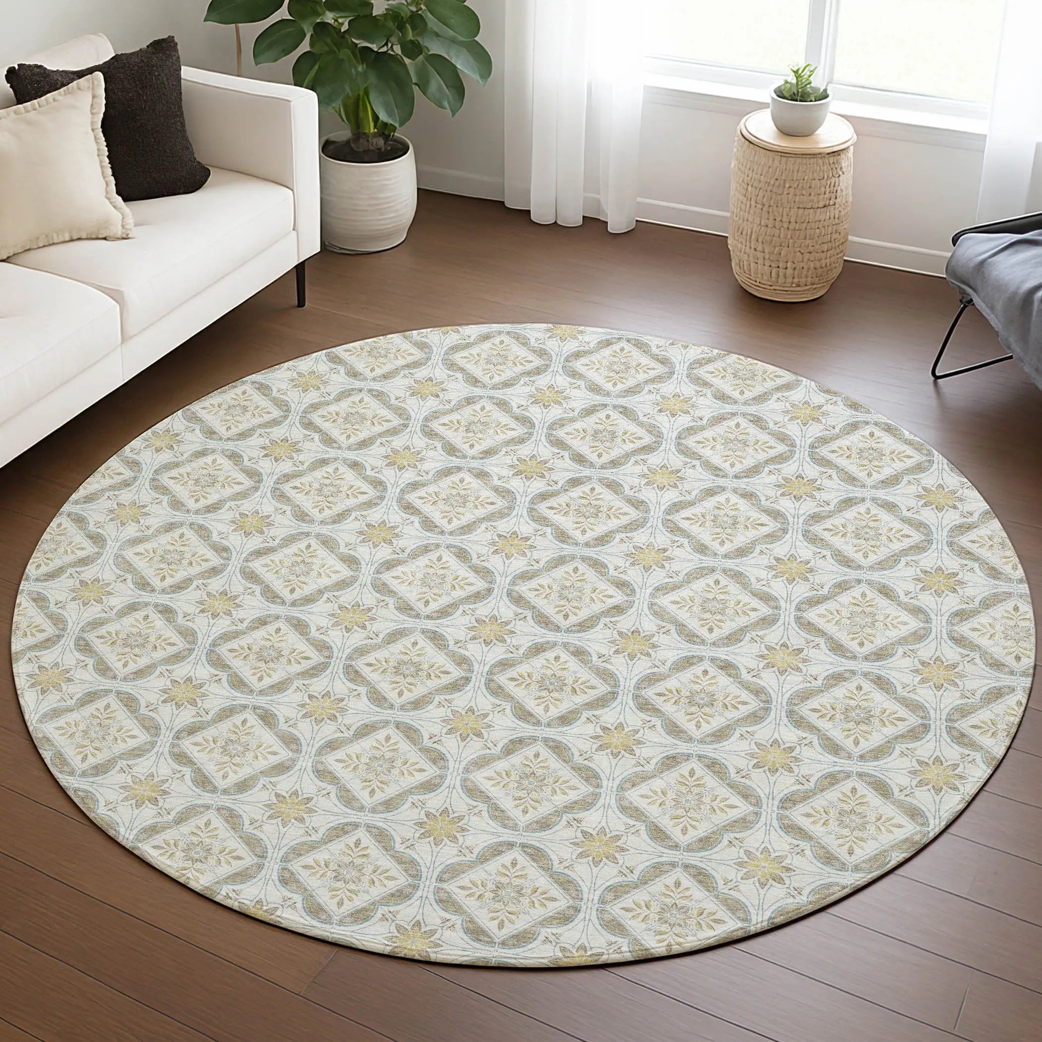 8' Ivory And Linen Round Geometric Washable Indoor Outdoor Area Rug Homeroots Outdoor