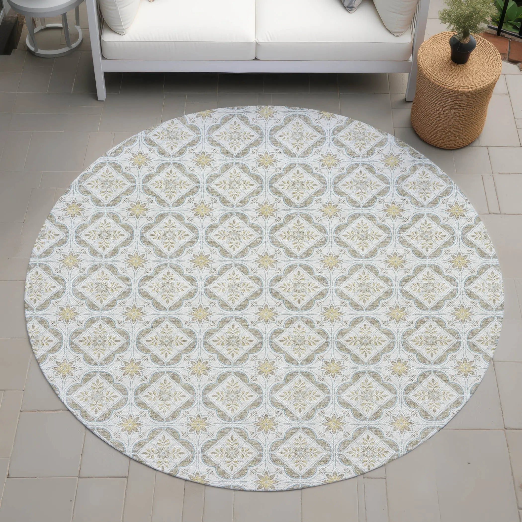 8' Ivory And Linen Round Geometric Washable Indoor Outdoor Area Rug Homeroots Outdoor