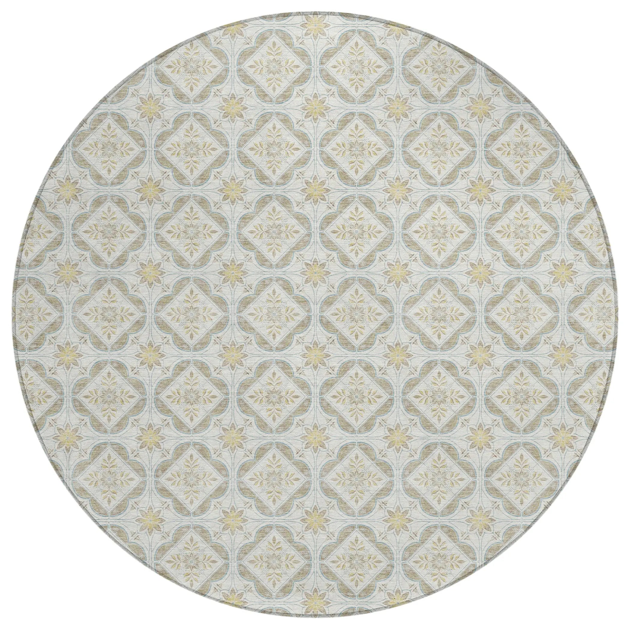 8' Ivory And Linen Round Geometric Washable Indoor Outdoor Area Rug Homeroots Outdoor