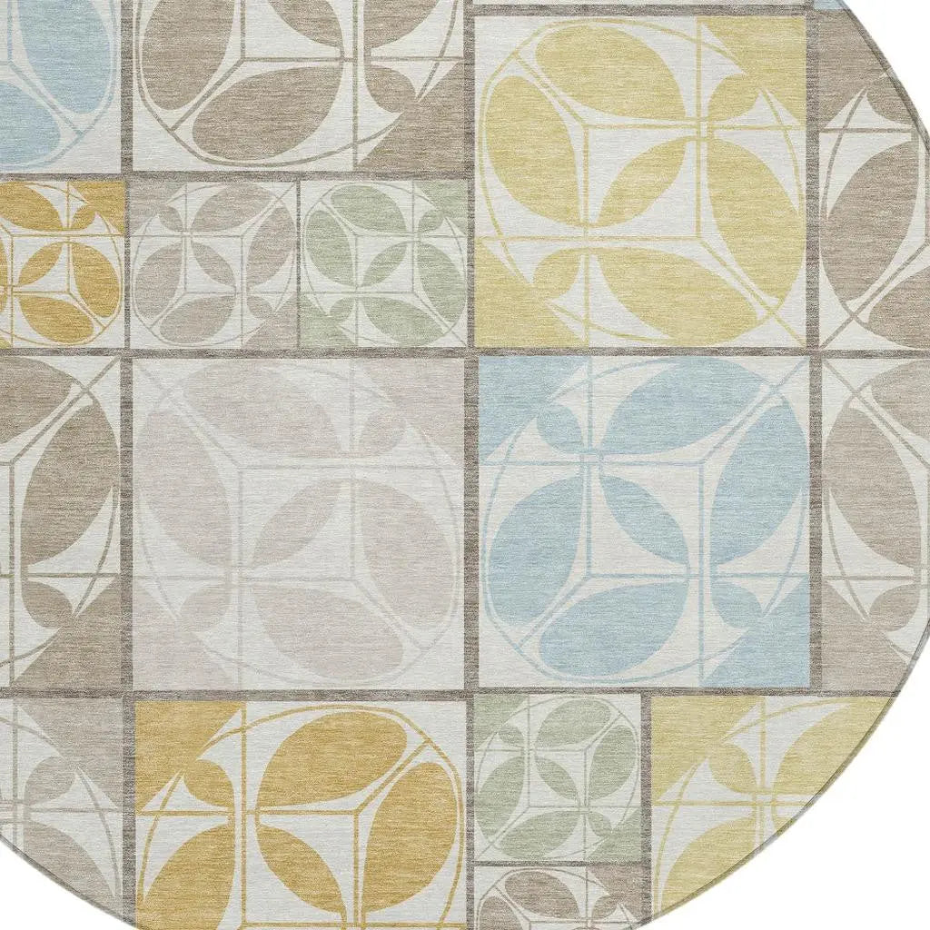8' Ivory And Linen Round Geometric Washable Indoor Outdoor Area Rug Homeroots Outdoor