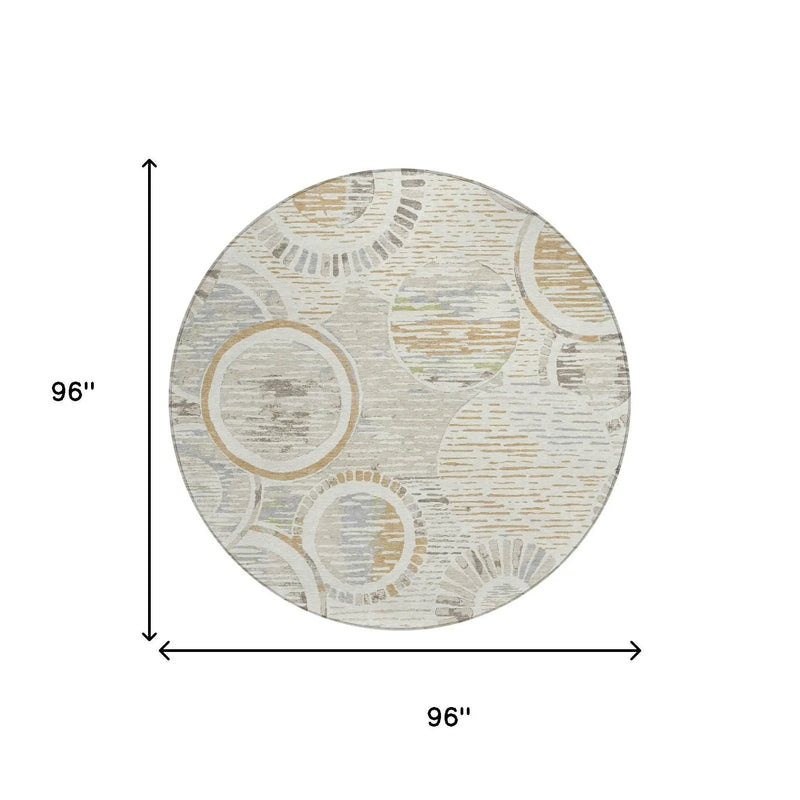 8' Ivory And Linen Round Geometric Washable Indoor Outdoor Area Rug Homeroots Outdoor