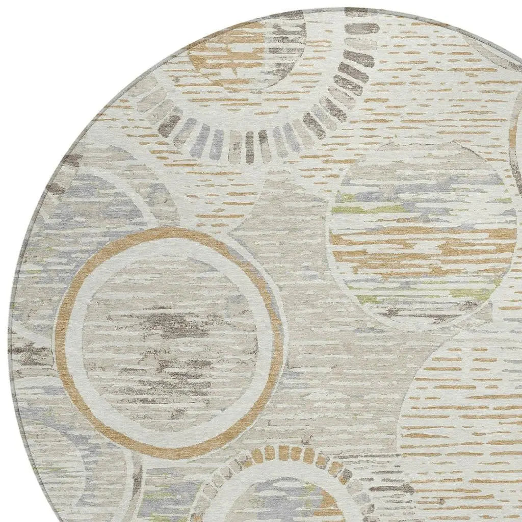 8' Ivory And Linen Round Geometric Washable Indoor Outdoor Area Rug Homeroots Outdoor