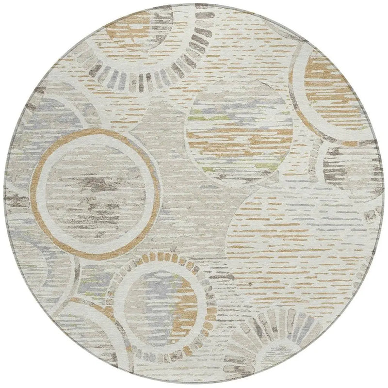 8' Ivory And Linen Round Geometric Washable Indoor Outdoor Area Rug Homeroots Outdoor
