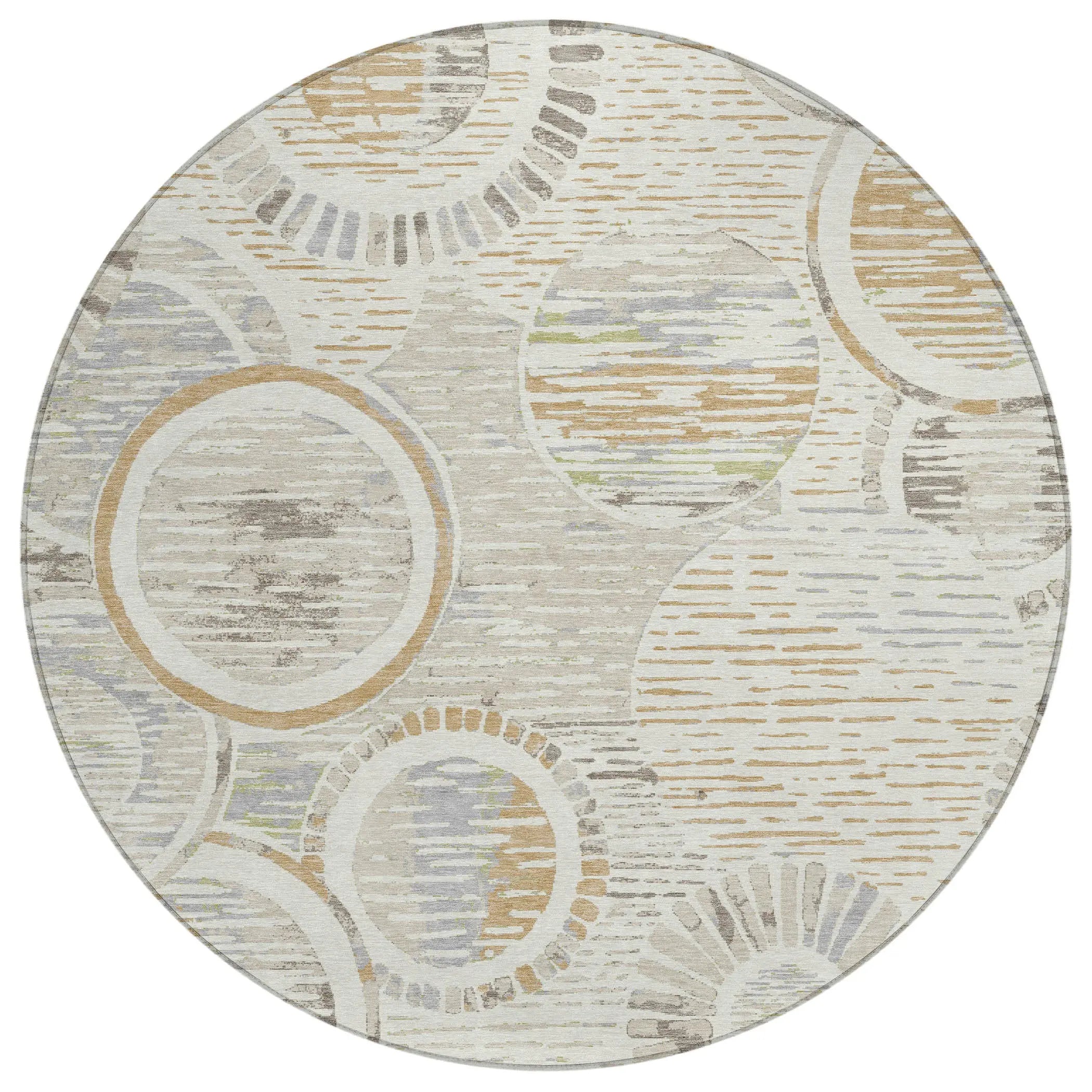 8' Ivory And Linen Round Geometric Washable Indoor Outdoor Area Rug Homeroots Outdoor