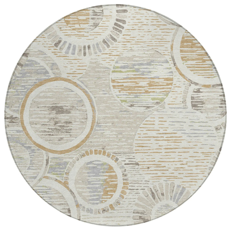 8' Ivory And Linen Round Geometric Washable Indoor Outdoor Area Rug Homeroots Outdoor