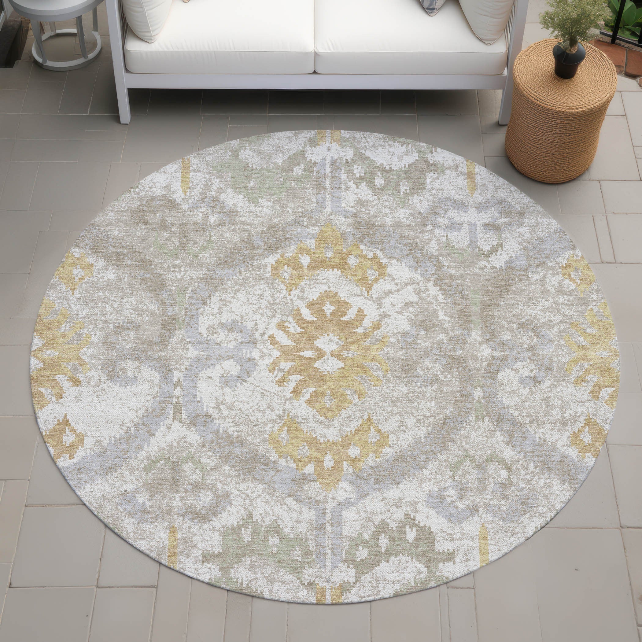 8' Ivory And Linen Round Ikat Washable Indoor Outdoor Area Rug Homeroots Outdoor