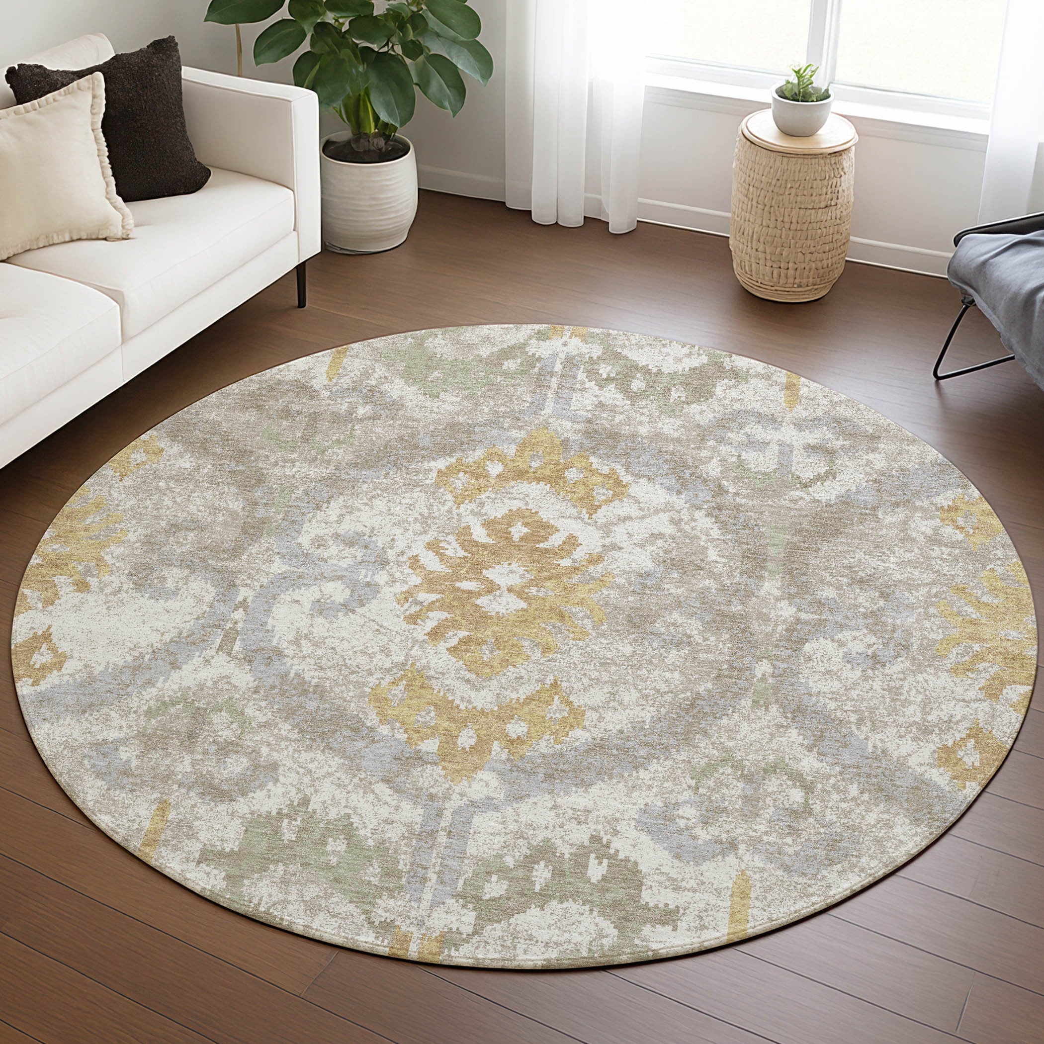 8' Ivory And Linen Round Ikat Washable Indoor Outdoor Area Rug Homeroots Outdoor