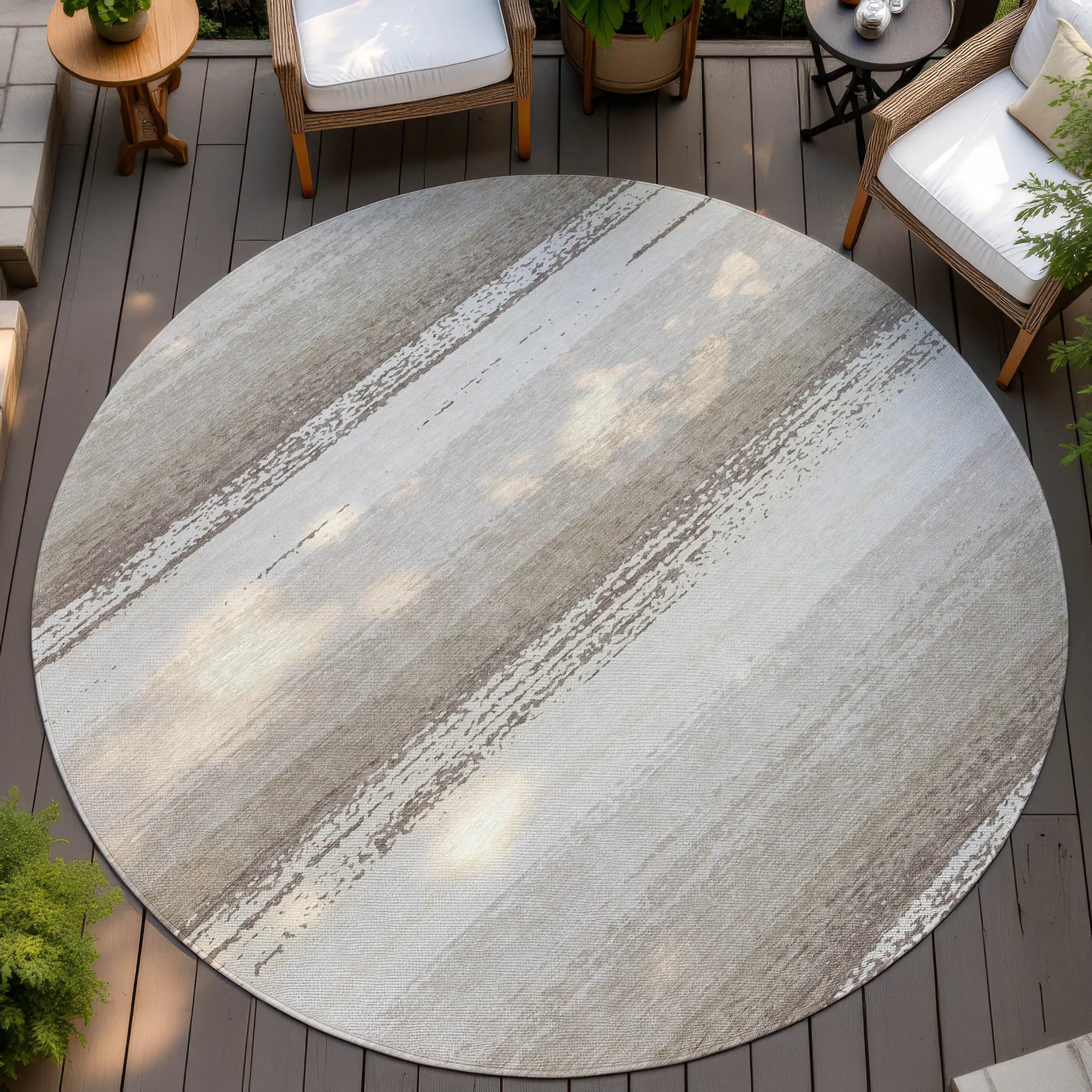 8' Ivory And Linen Round Striped Washable Indoor Outdoor Area Rug Homeroots Outdoor