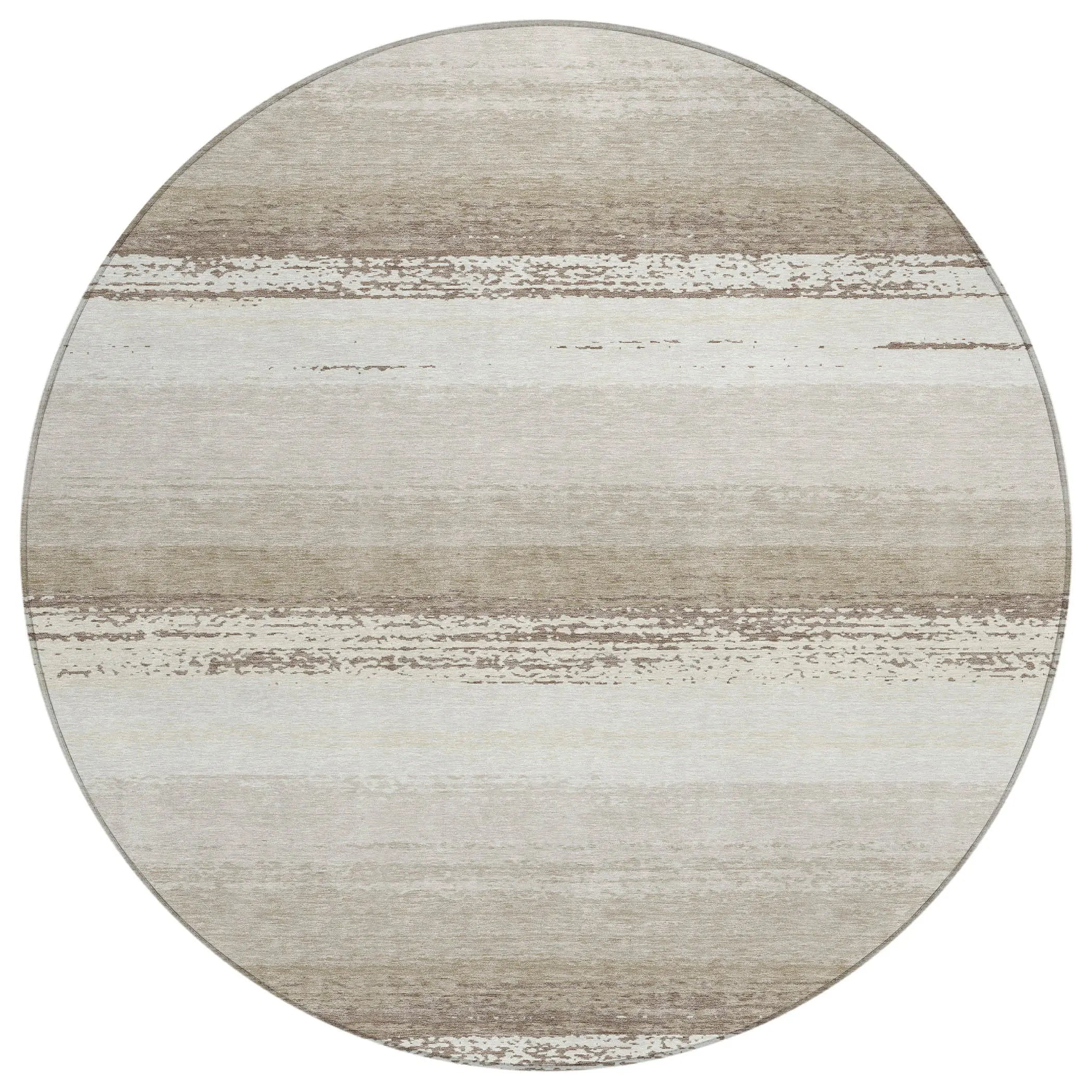 8' Ivory And Linen Round Striped Washable Indoor Outdoor Area Rug Homeroots Outdoor