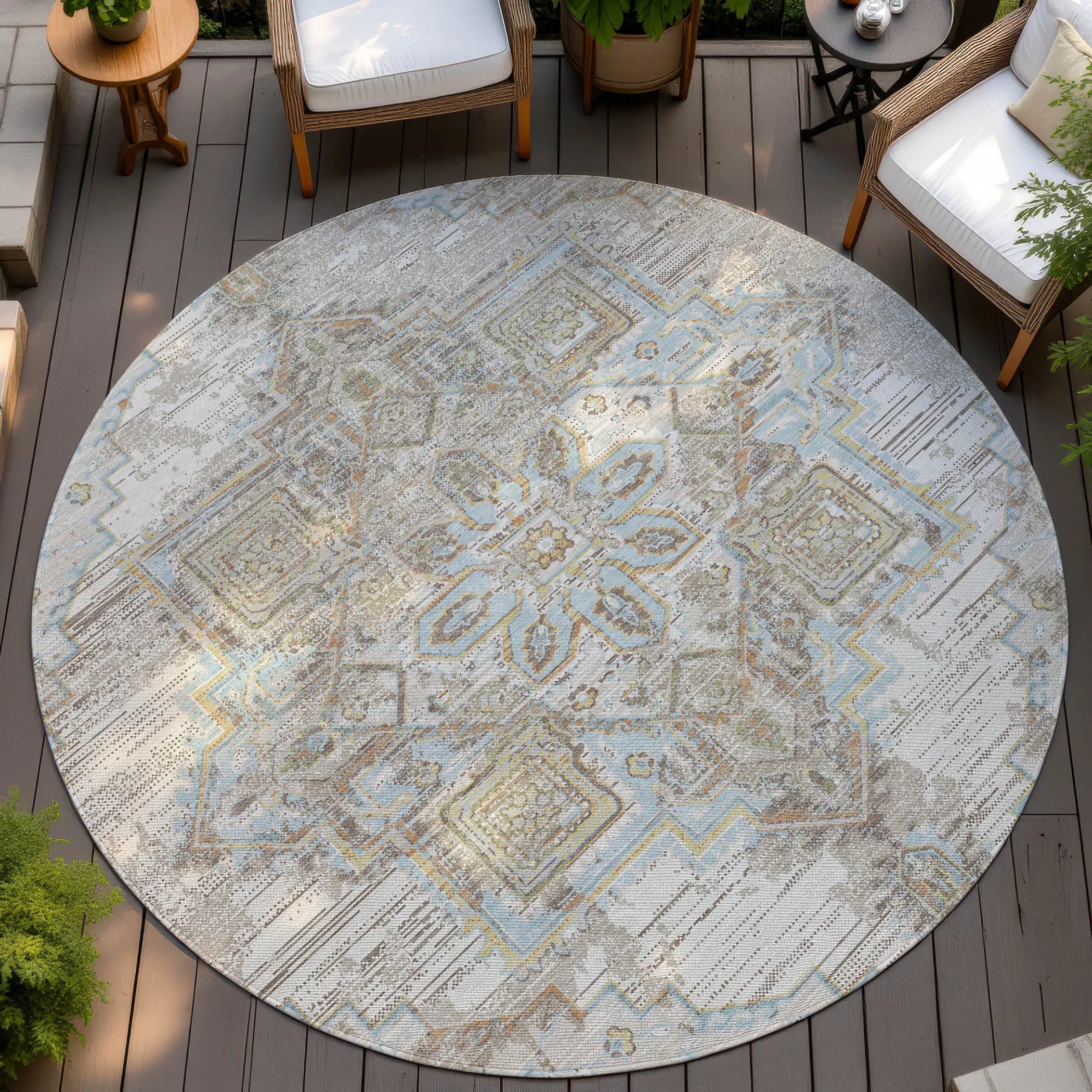 8' Ivory And Orange Round Oriental Washable Indoor Outdoor Area Rug Homeroots Outdoor