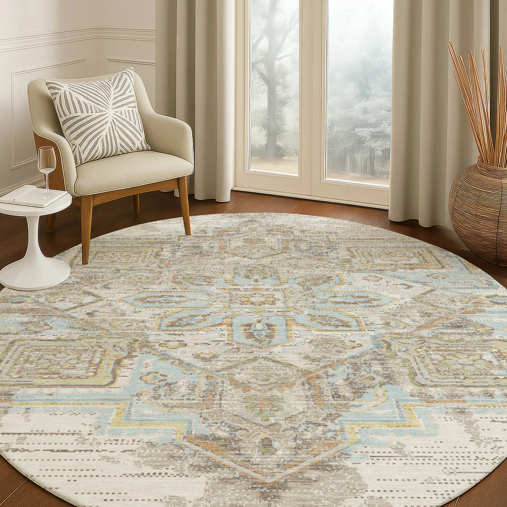 8' Ivory And Orange Round Oriental Washable Indoor Outdoor Area Rug Homeroots Outdoor