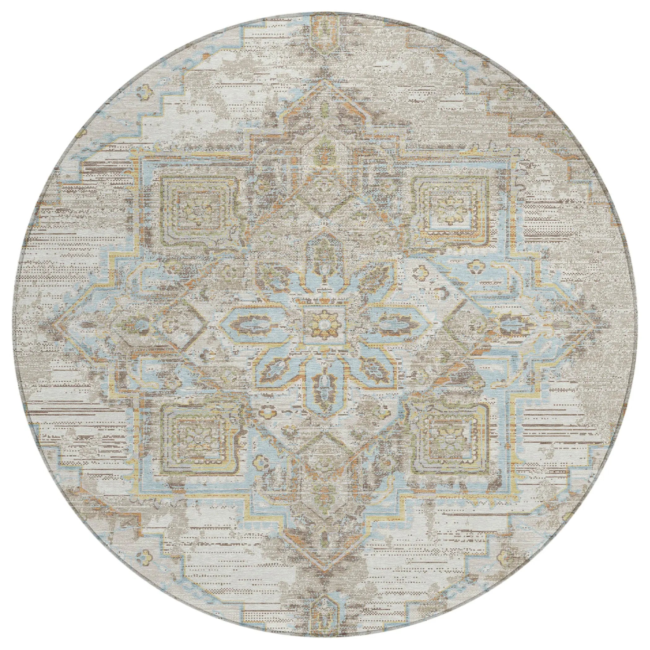 8' Ivory And Orange Round Oriental Washable Indoor Outdoor Area Rug Homeroots Outdoor