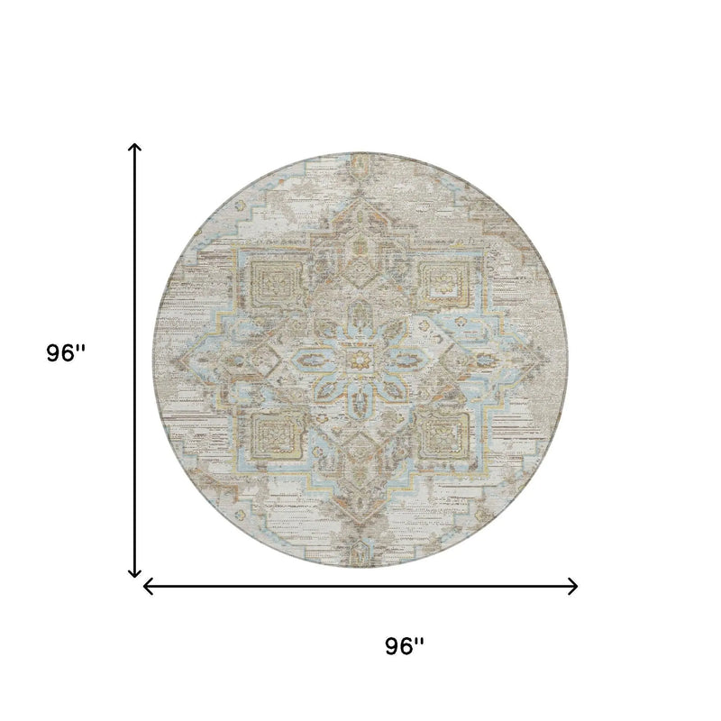 8' Ivory And Orange Round Oriental Washable Indoor Outdoor Area Rug Homeroots Outdoor