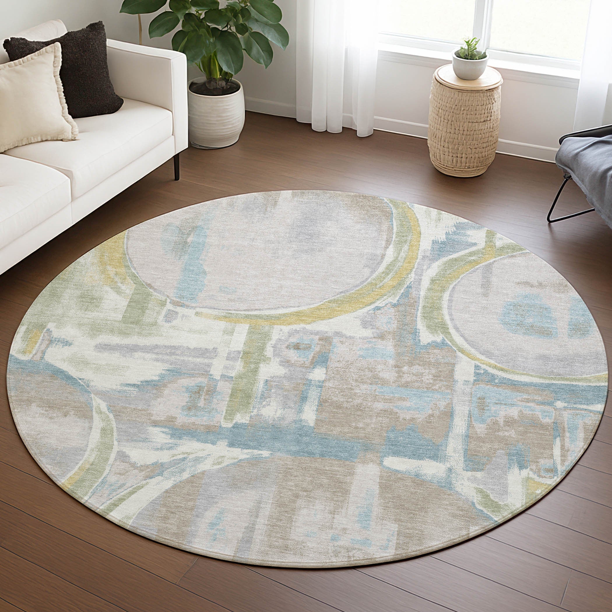 8' Ivory And Pearl Round Abstract Washable Indoor Outdoor Area Rug Homeroots Outdoor