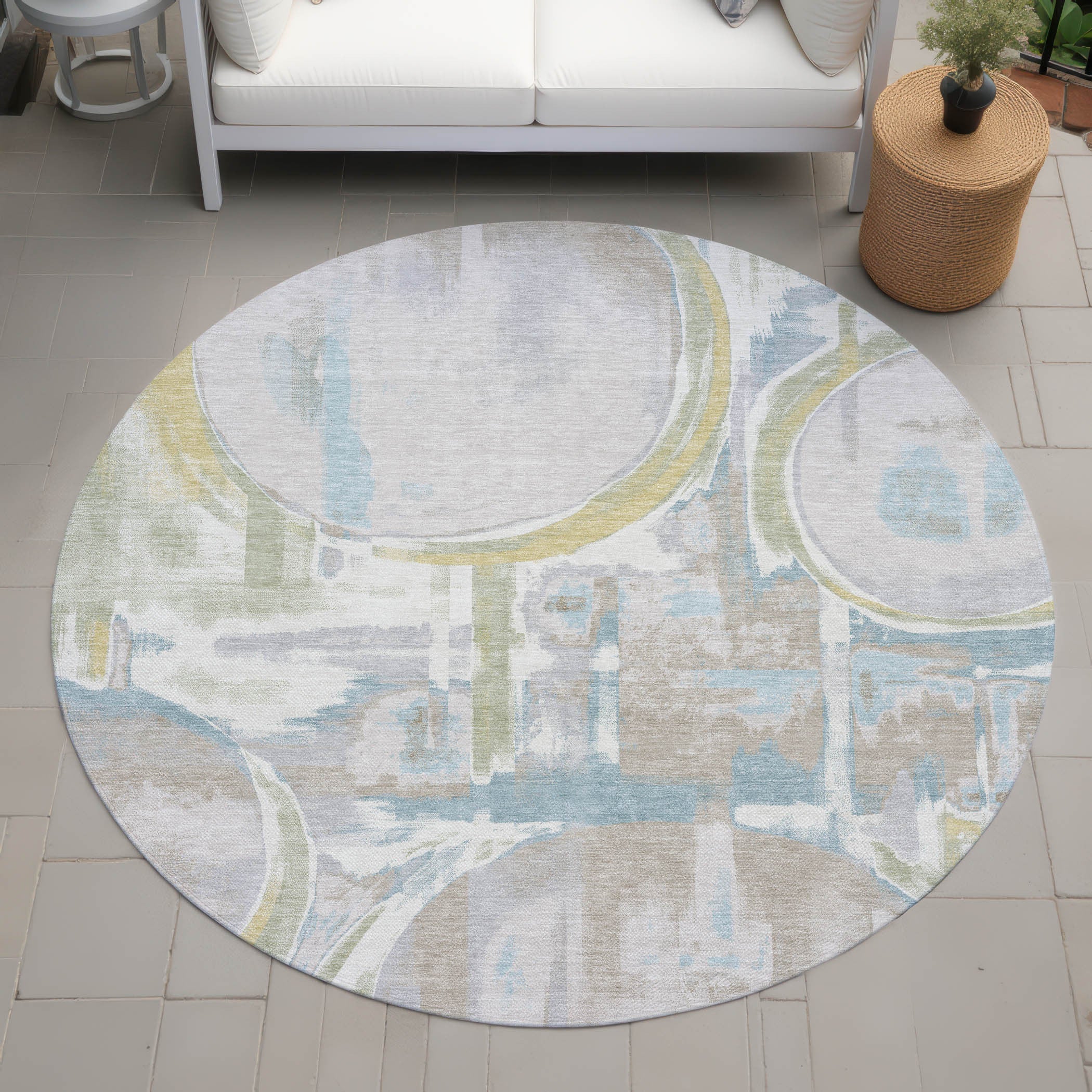 8' Ivory And Pearl Round Abstract Washable Indoor Outdoor Area Rug Homeroots Outdoor