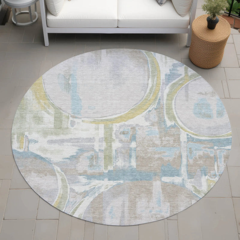 8' Ivory And Pearl Round Abstract Washable Indoor Outdoor Area Rug Homeroots Outdoor