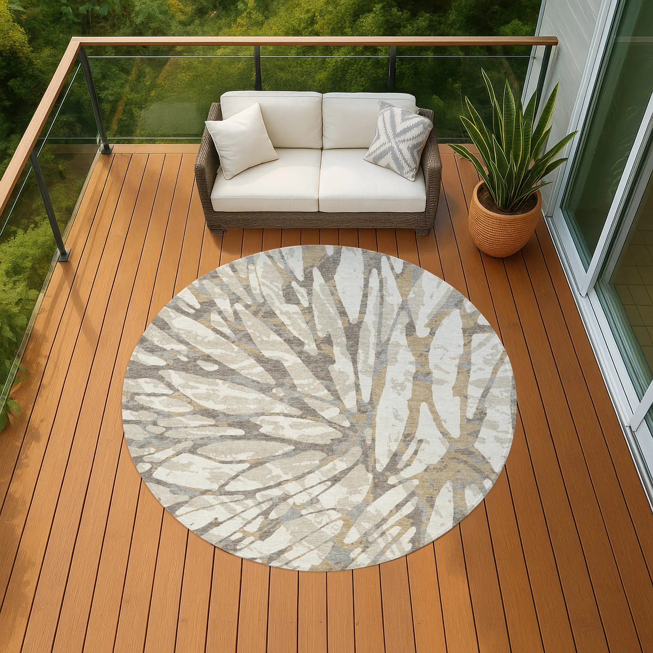 8' Ivory And Pewter Round Abstract Washable Indoor Outdoor Area Rug Homeroots Outdoor