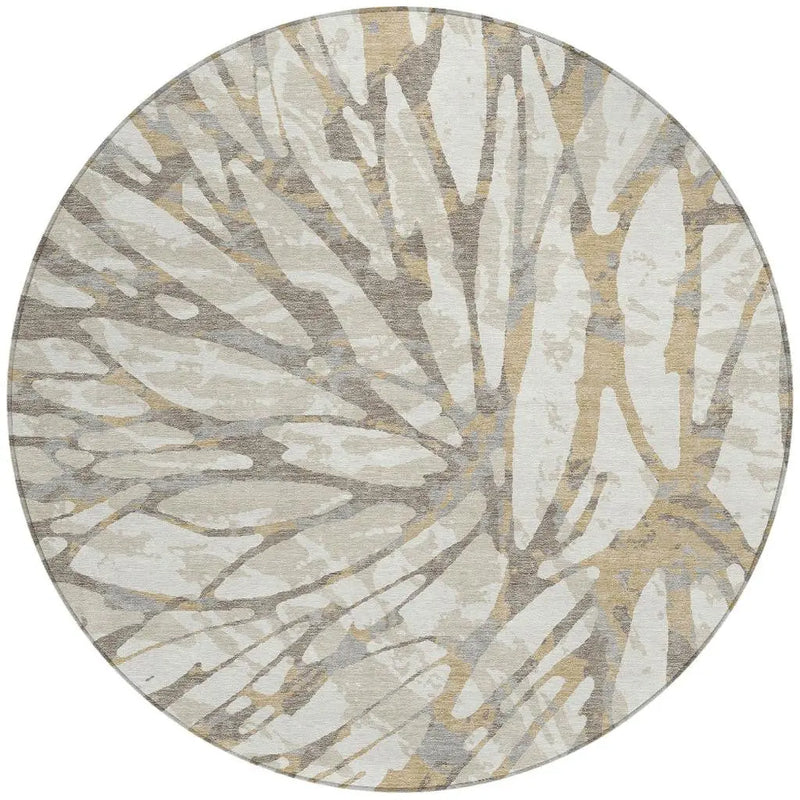 8' Ivory And Pewter Round Abstract Washable Indoor Outdoor Area Rug Homeroots Outdoor