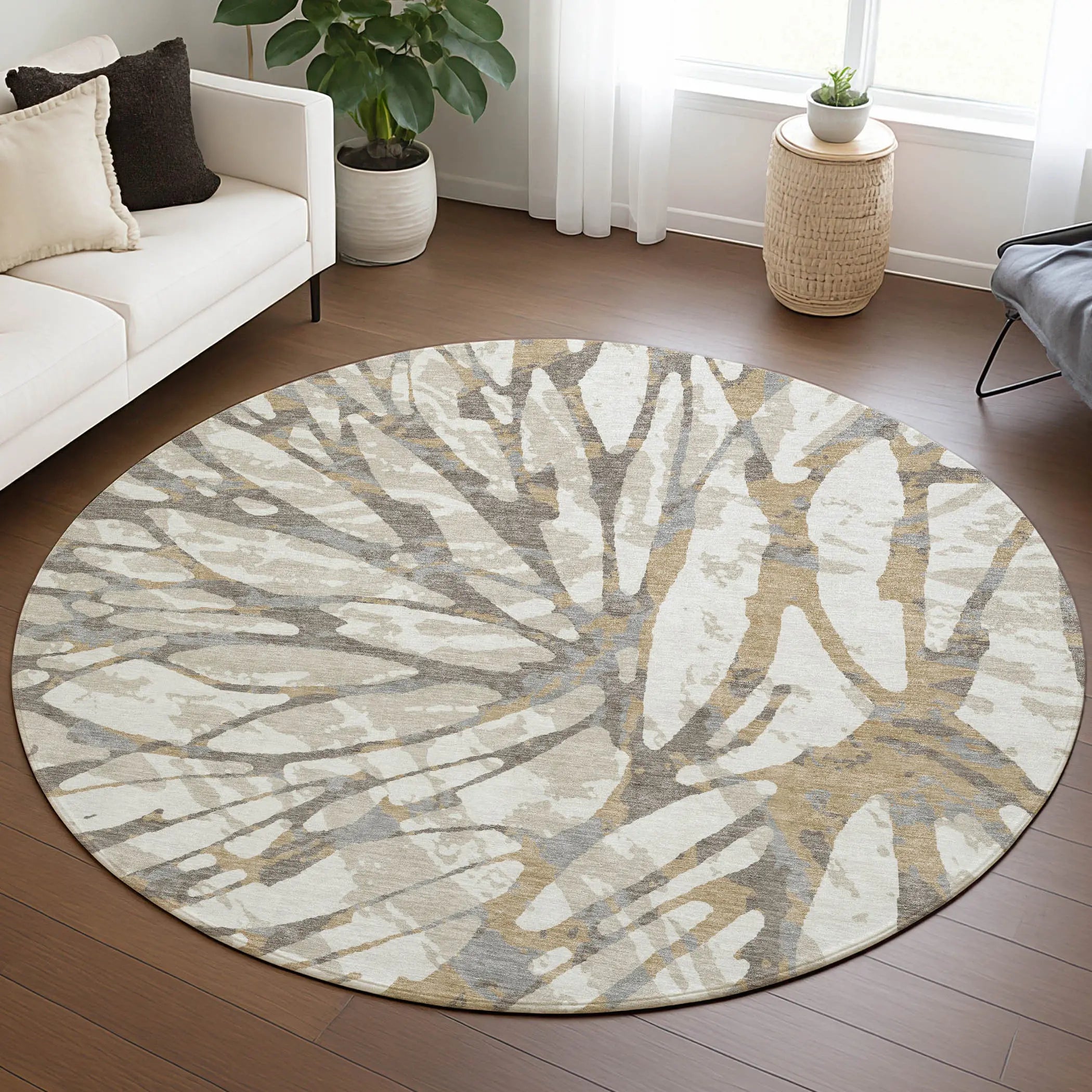 8' Ivory And Pewter Round Abstract Washable Indoor Outdoor Area Rug Homeroots Outdoor