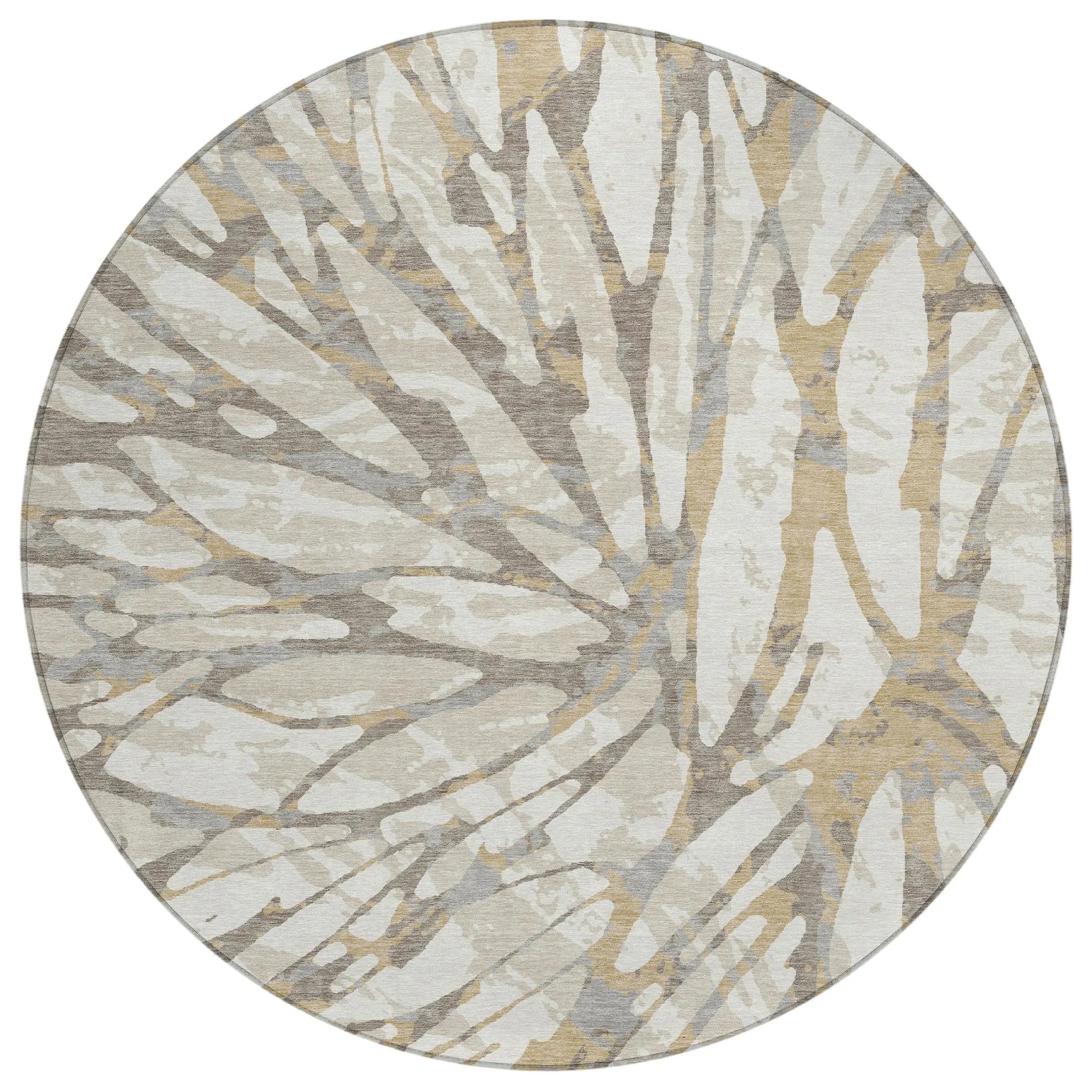 8' Ivory And Pewter Round Abstract Washable Indoor Outdoor Area Rug Homeroots Outdoor