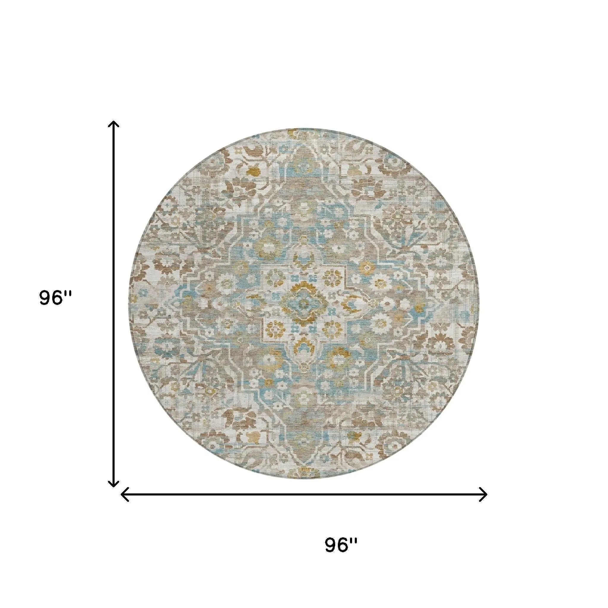 8' Ivory And Pewter Round Floral Medallion Washable Indoor Outdoor Area Rug Homeroots Outdoor