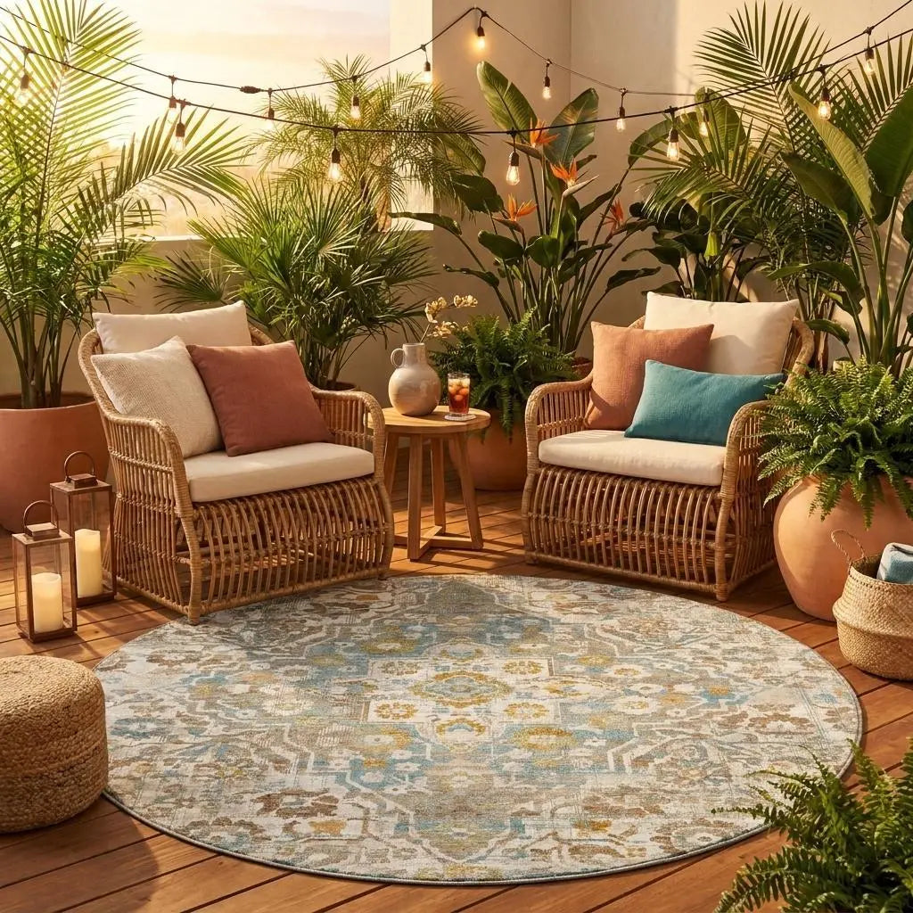 8' Ivory And Pewter Round Floral Medallion Washable Indoor Outdoor Area Rug Homeroots Outdoor
