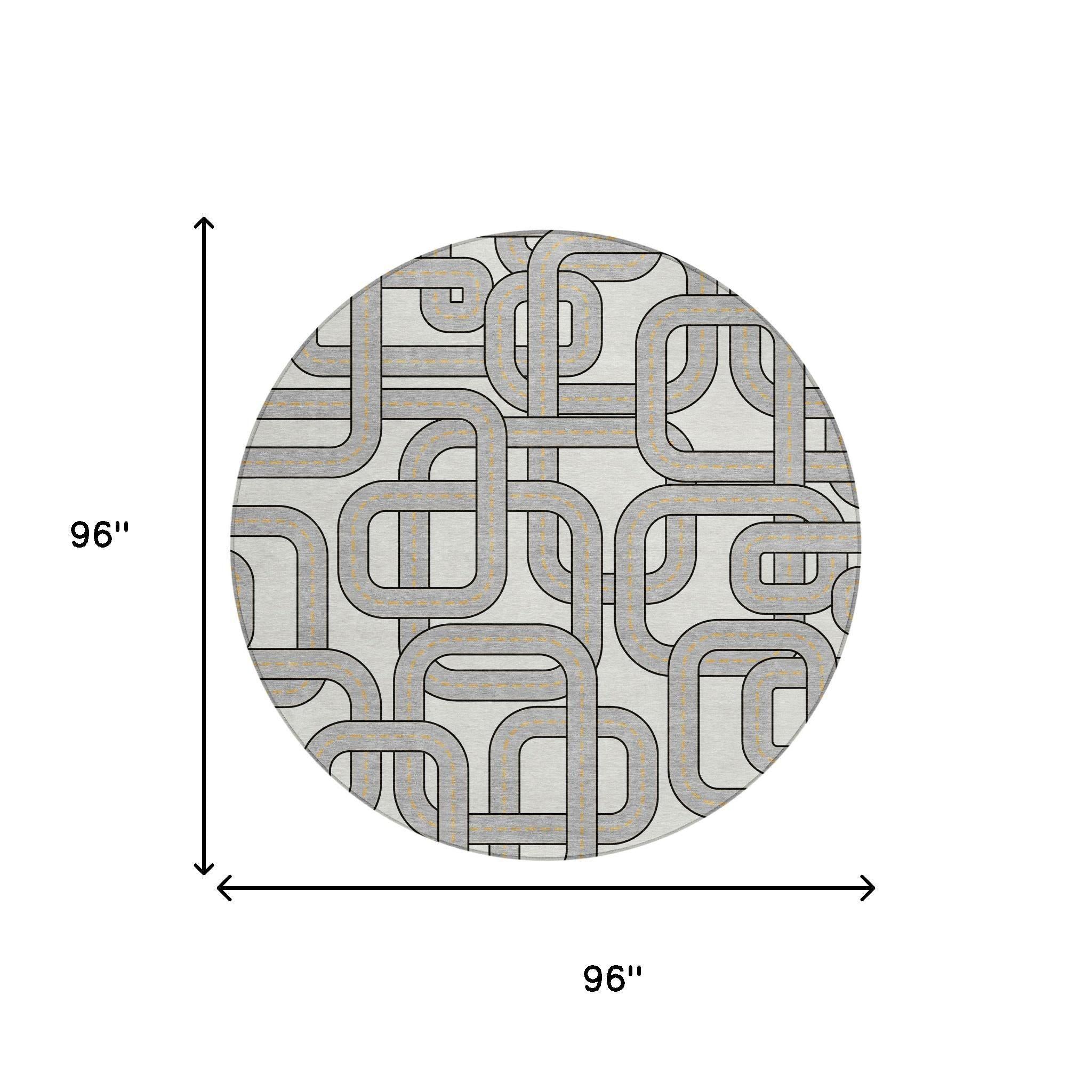 8' Ivory And Pewter Round Geometric Washable Indoor Outdoor Area Rug Homeroots Outdoor