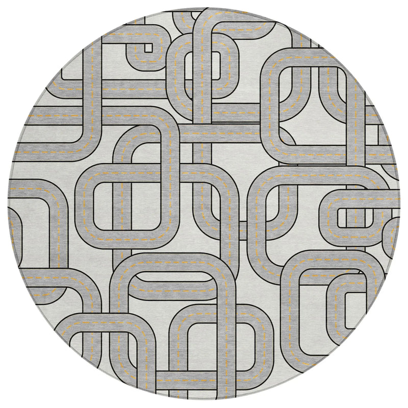 8' Ivory And Pewter Round Geometric Washable Indoor Outdoor Area Rug Homeroots Outdoor