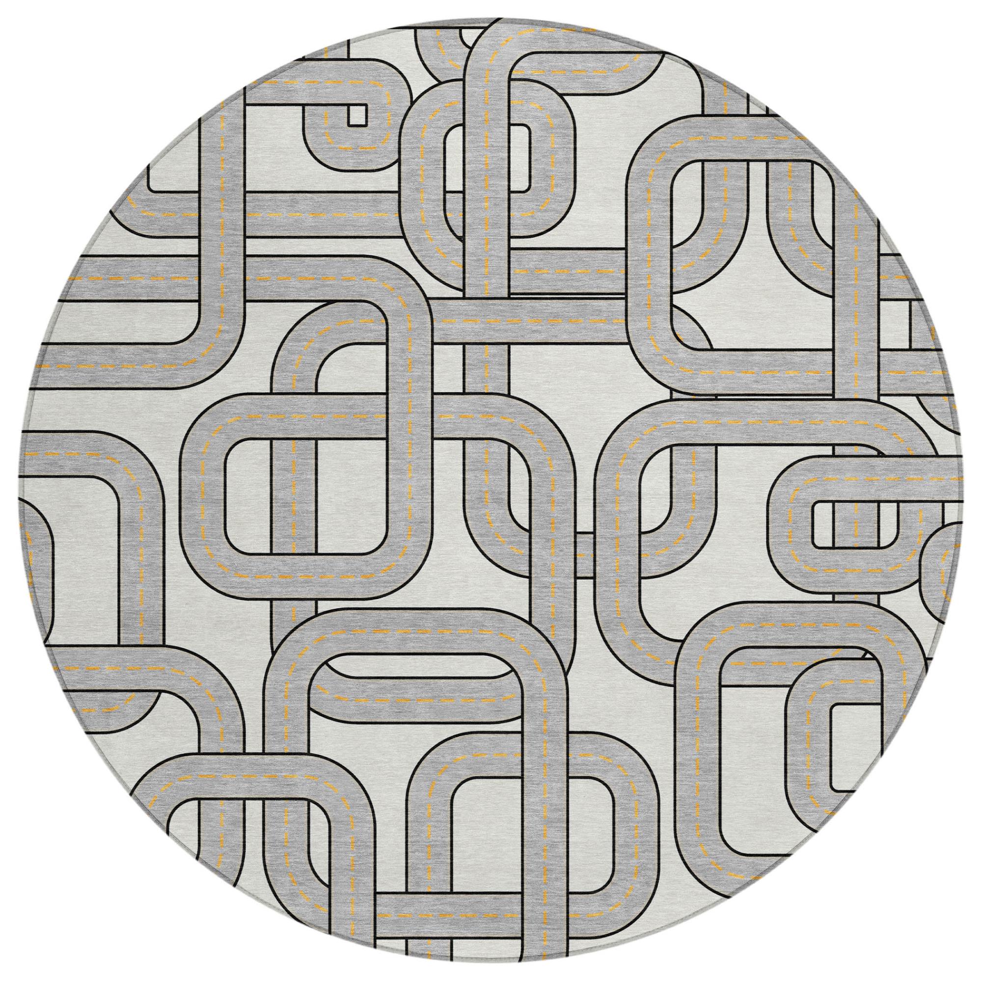 8' Ivory And Pewter Round Geometric Washable Indoor Outdoor Area Rug Homeroots Outdoor