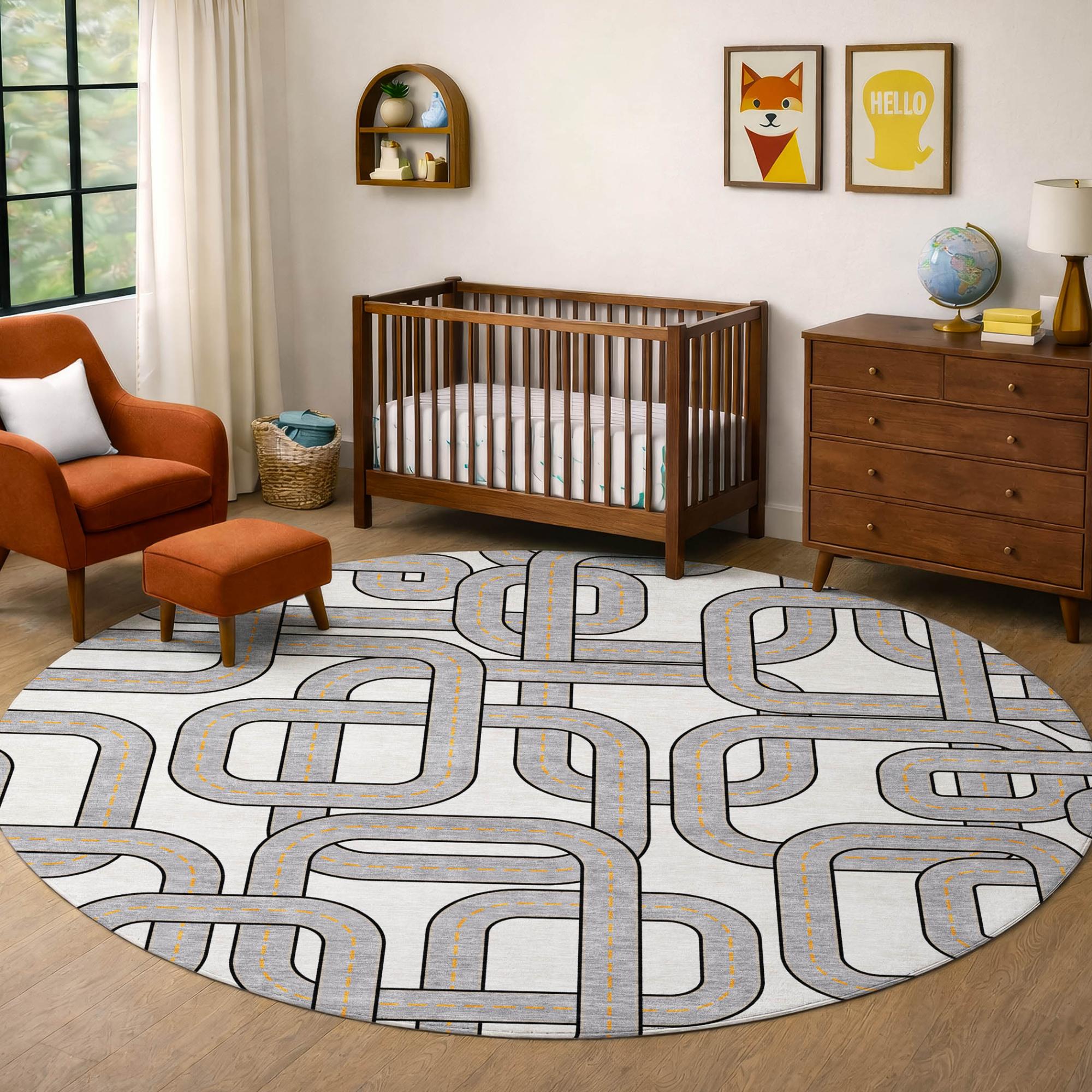 8' Ivory And Pewter Round Geometric Washable Indoor Outdoor Area Rug Homeroots Outdoor