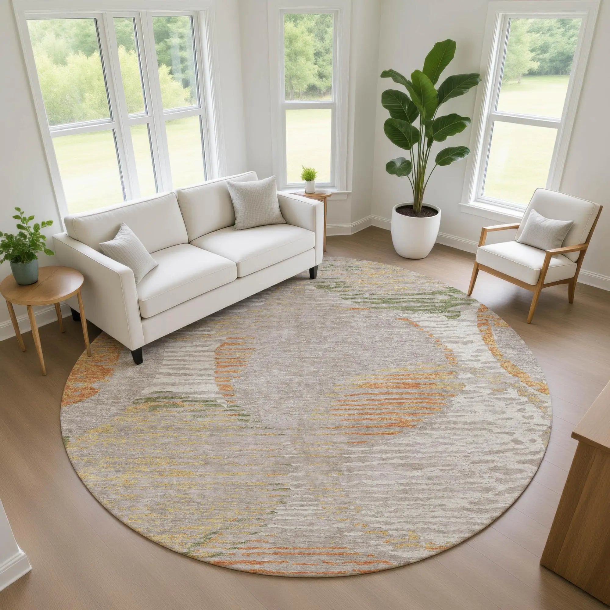 8' Ivory And Pewter Round Geometric Washable Indoor Outdoor Area Rug Homeroots Outdoor