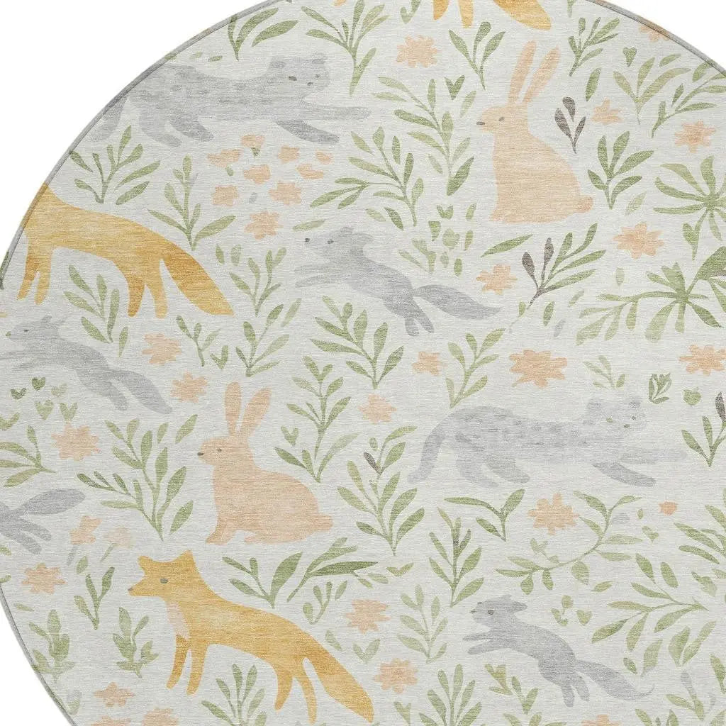 8' Ivory And Pink Round Botanical Leaves Washable Indoor Outdoor Area Rug Homeroots Outdoor