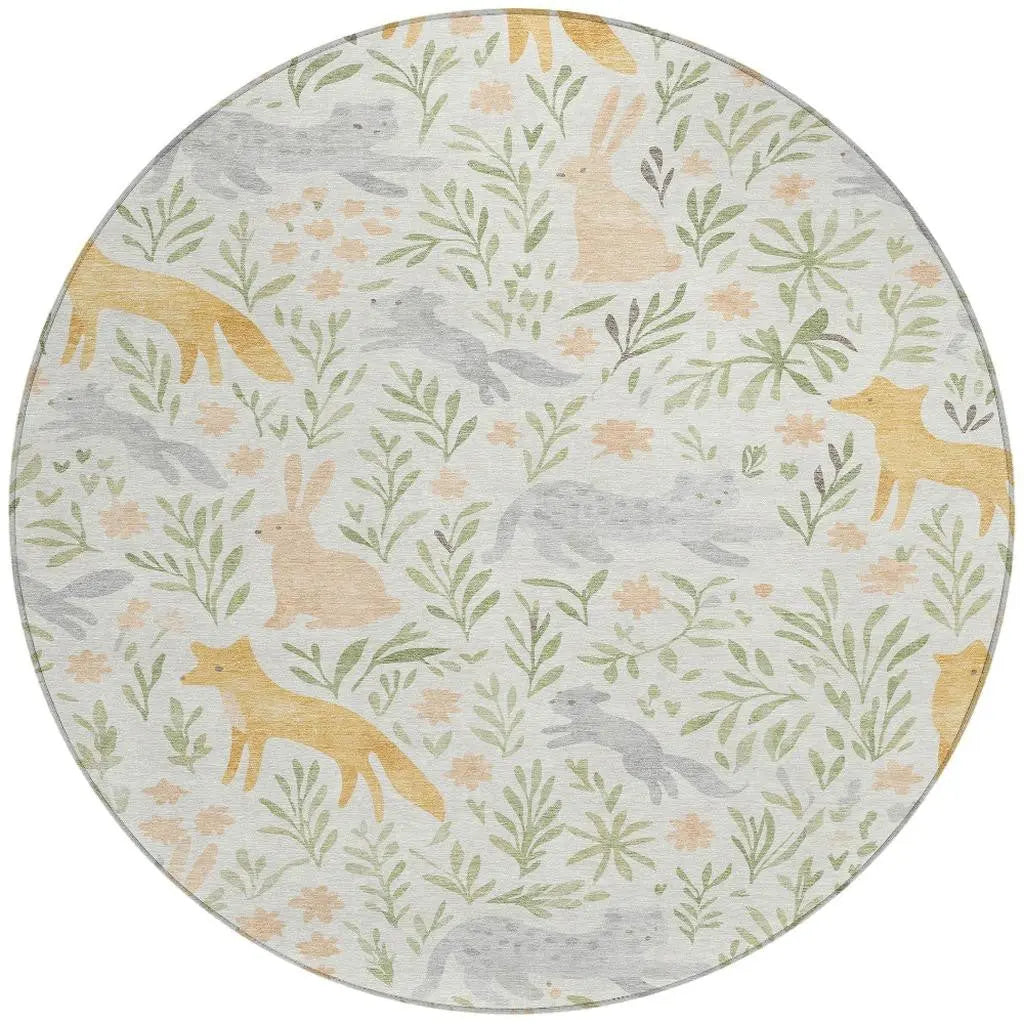 8' Ivory And Pink Round Botanical Leaves Washable Indoor Outdoor Area Rug Homeroots Outdoor